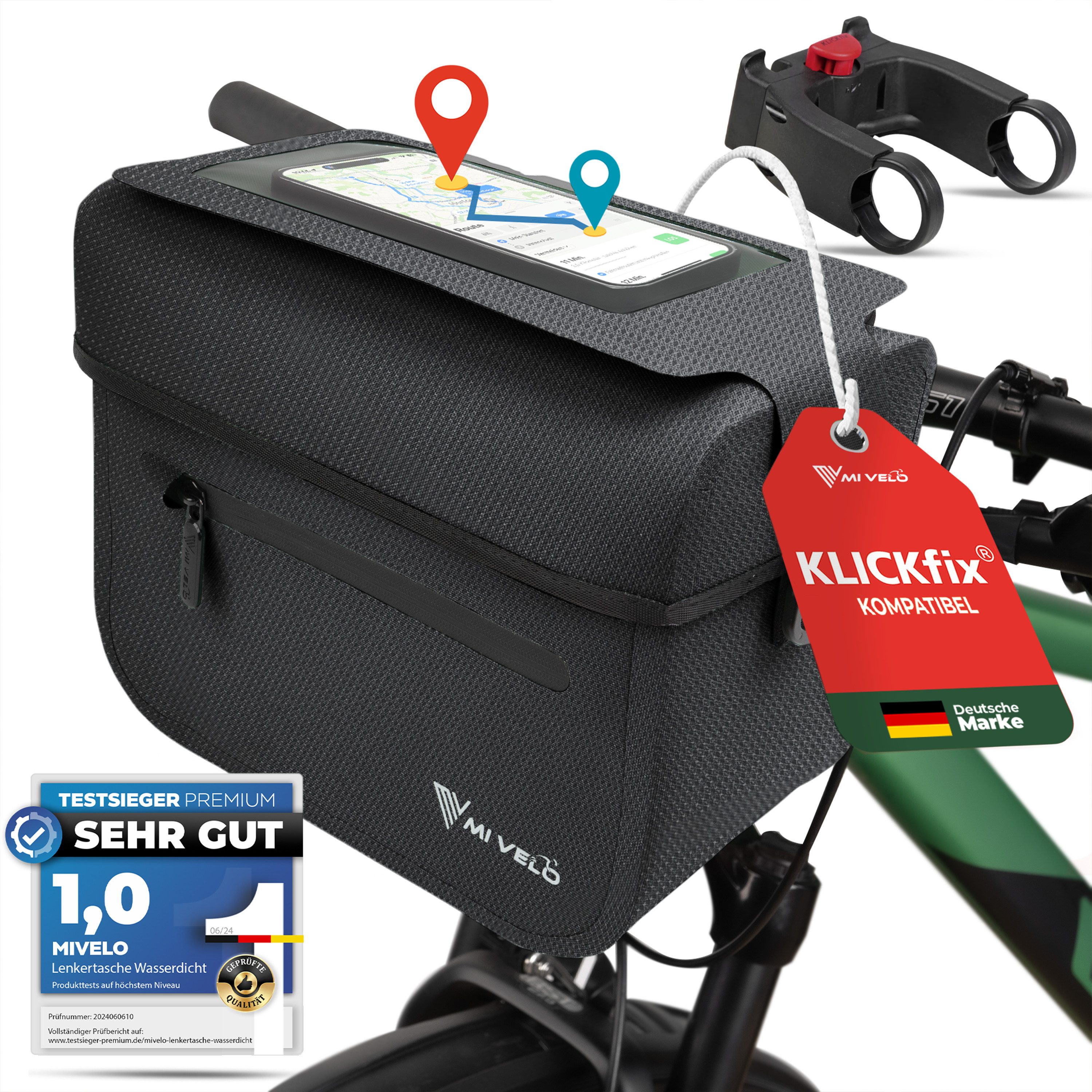 MIVELO Lenkertasche Fahrradtasche Lenker für KLICKfix, Fahrrad Tasche wasserdicht, KLICKfix kompatibel