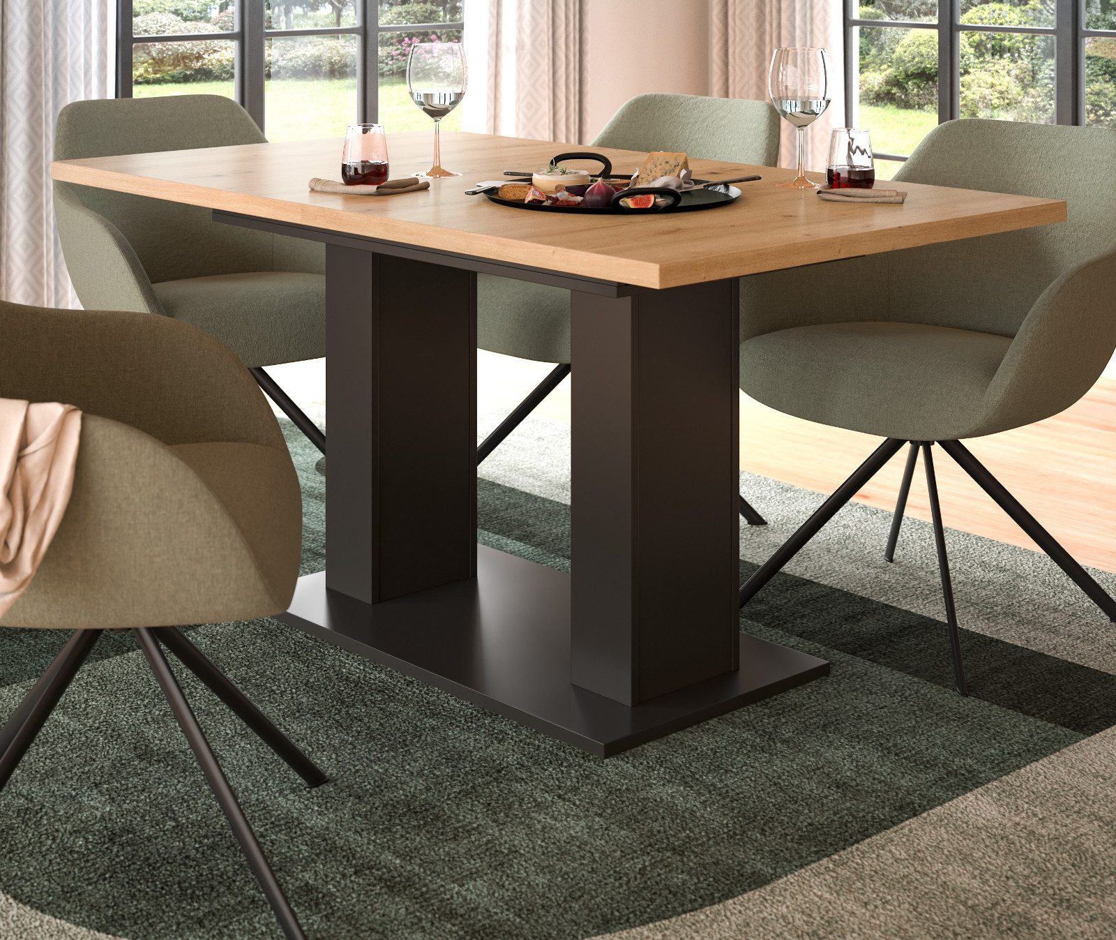 Inn.Furn Säulen-Esstisch Home-X (Küchentisch in grau mit Eiche Artisan, ausziehbar 150 - 190 cm), für bis zu 8 Personen