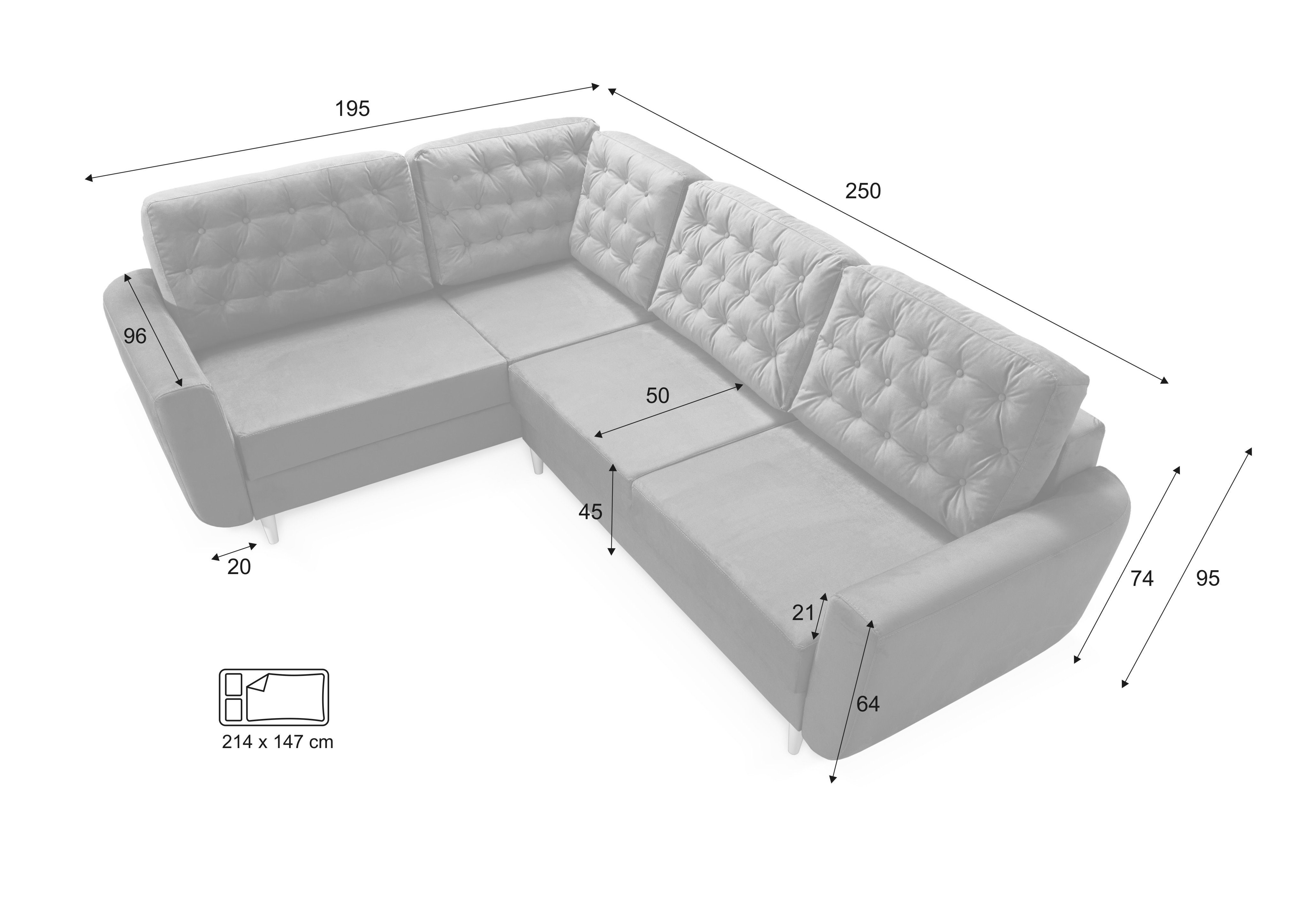 Sofa mit robin L-Form Bettkästen AZUR & Schlaffunktion, 2 Kissen Sofa