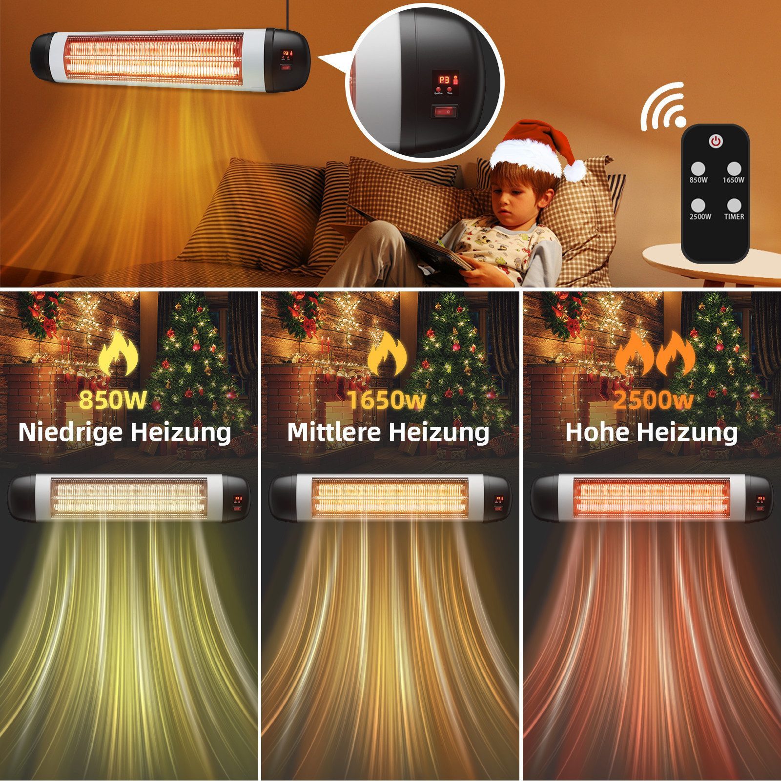 Nettlife Infrarotstrahler Heizstrahler outdoor 2500W mit Fernbedienung Wärmestrahler Infrarot, 2500 W, Wärmestrahler Terrasse elektrisch mit 3 Heizstufen