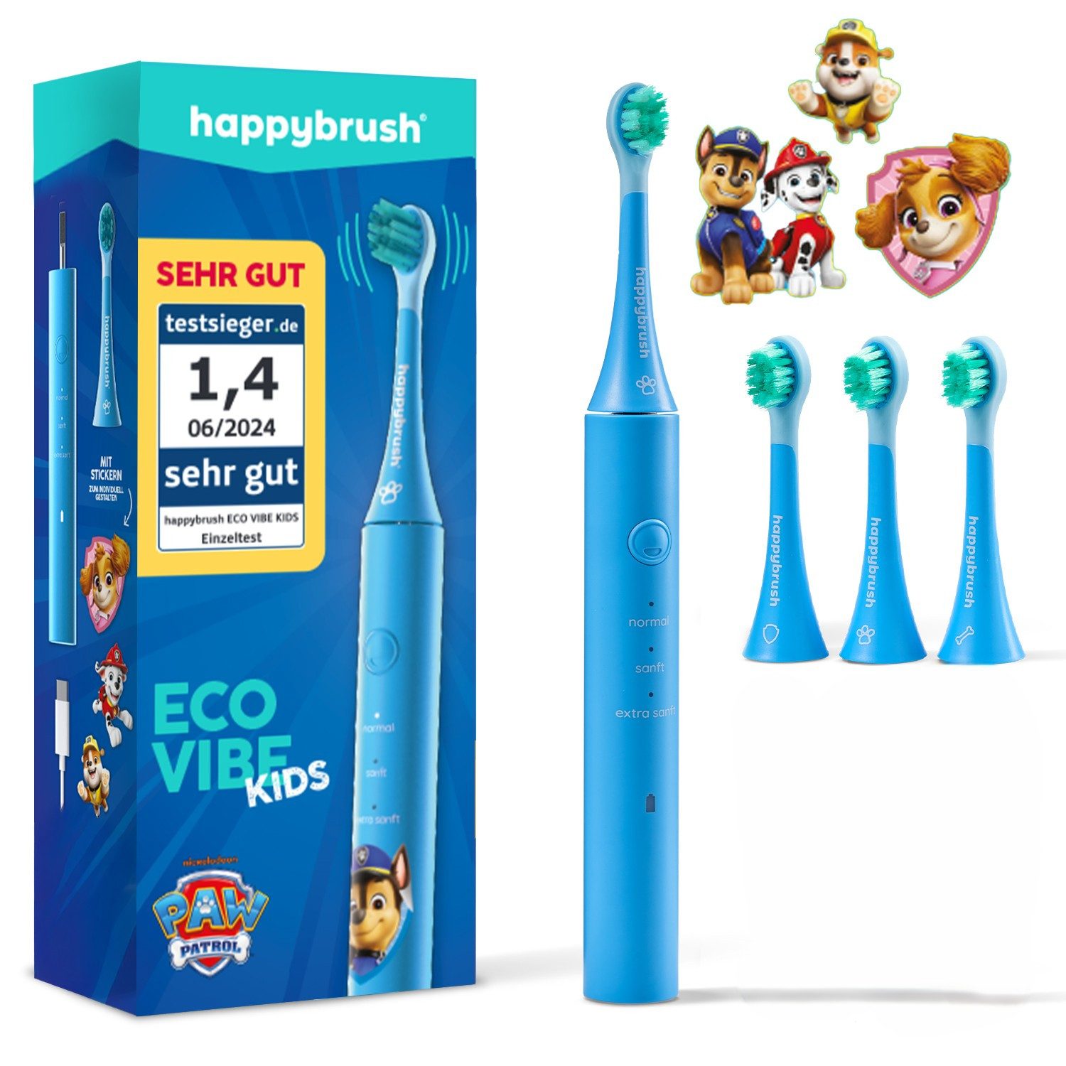 happybrush Elektrische Kinderzahnbürste PawPatrol - 4 Monate Akku - 100 Tage Probeputzen - mit Stickern, Aufsteckbürsten: 4 St., PawPatrol Kinderlernzahnbürste, 16x PawPatrol Sticker, 4 Wochen Akkulaufzeit, 3 Reinigungs-Modi