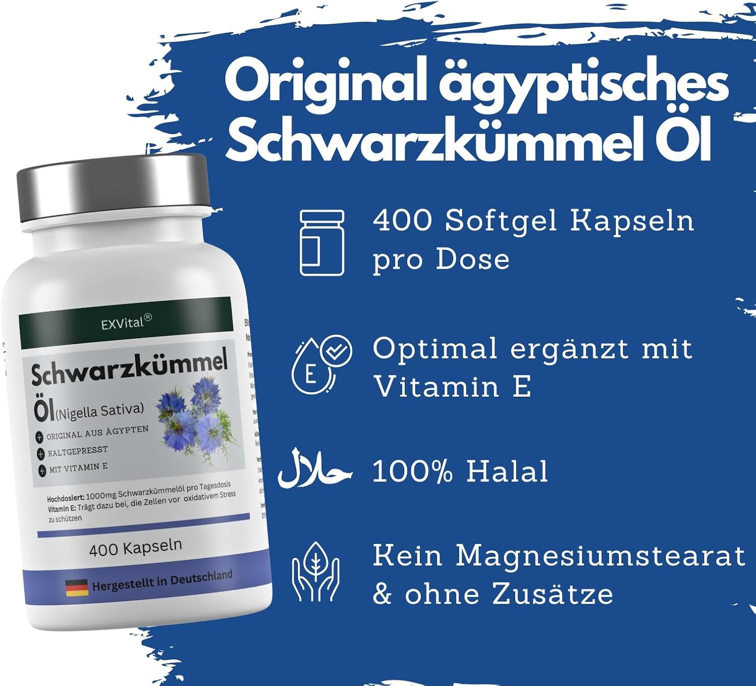 Schwarzkümmelöl kaltgepresst, ägyptisch, naturbelassen, mit Vitamin E Softgel Kapseln, 400 St., 280 g