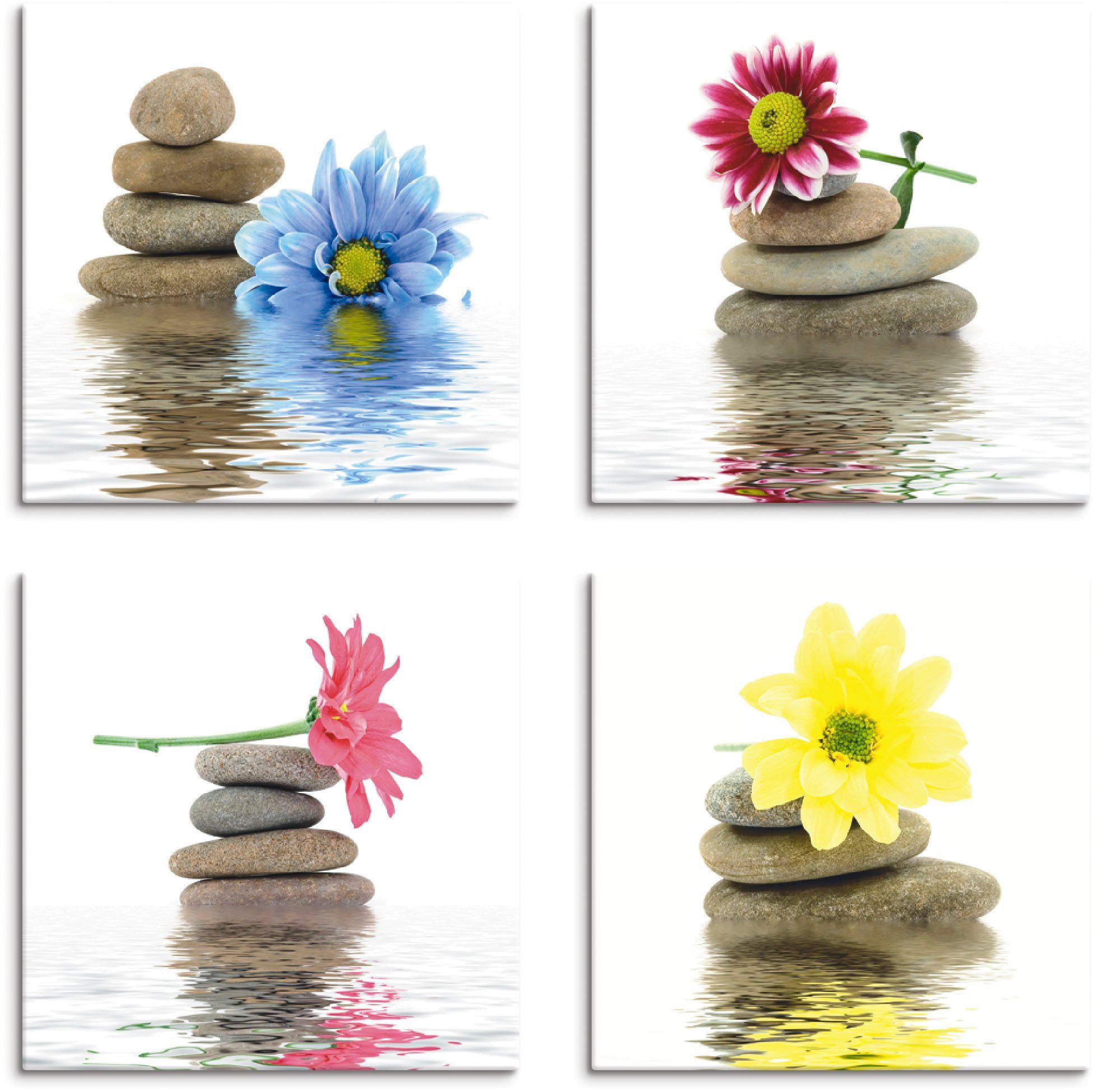 Artland Leinwandbild Zen Therapie-Steine mit Blumen, Zen (4 St), 4er Set, verschiedene Größen