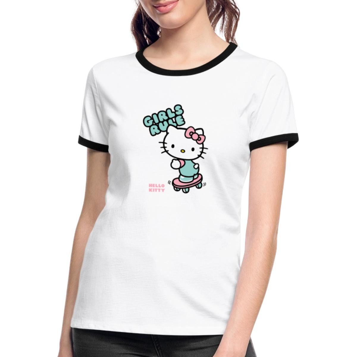 Spreadshirt T-Shirt Hello Kitty Auf Skateboard Girls Rule Frauen Kontrast T-Shirt (1-tlg)