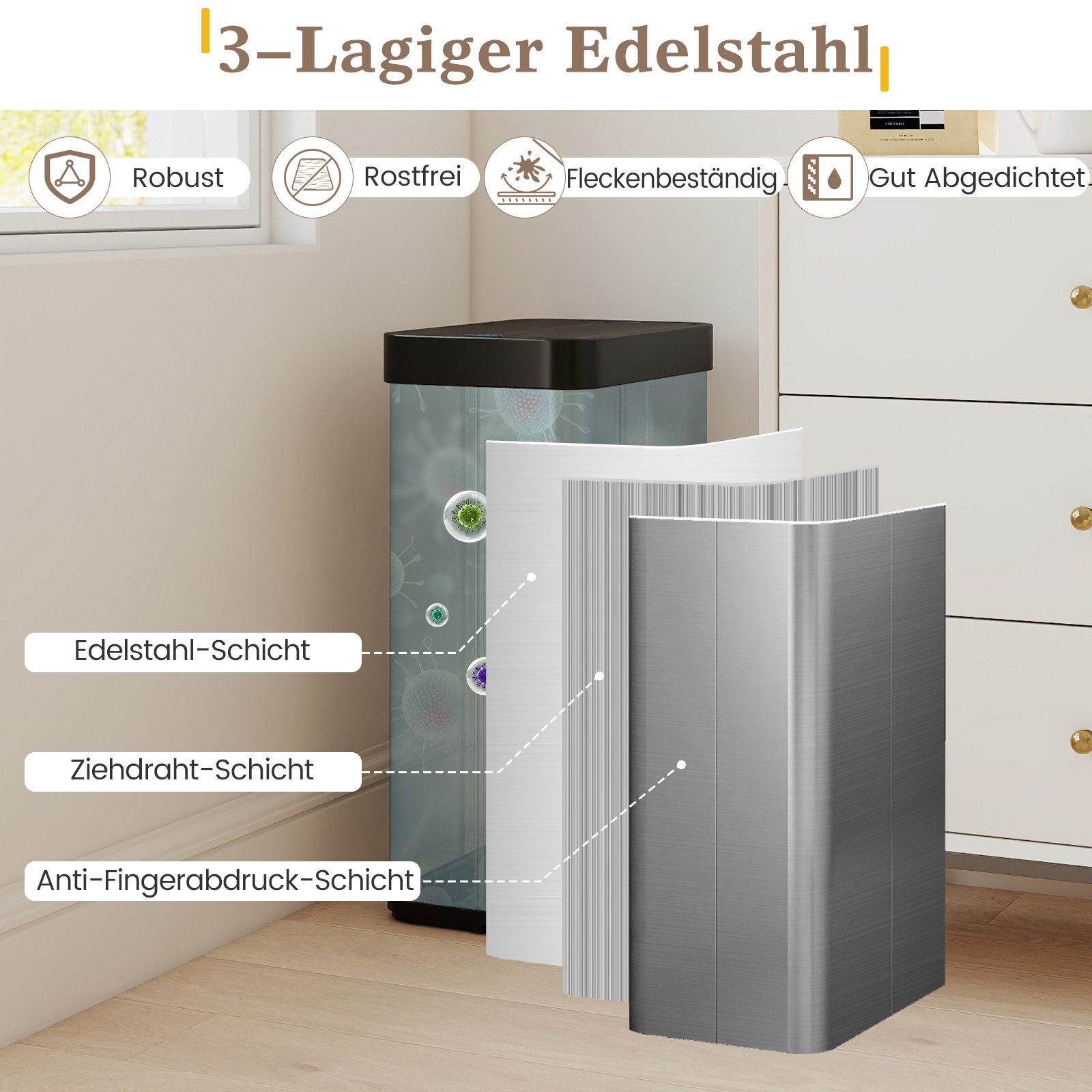 COSTWAY Mülleimer, 60 L mit Infrarot-Bewegungssensor & Offenhaltefunktion