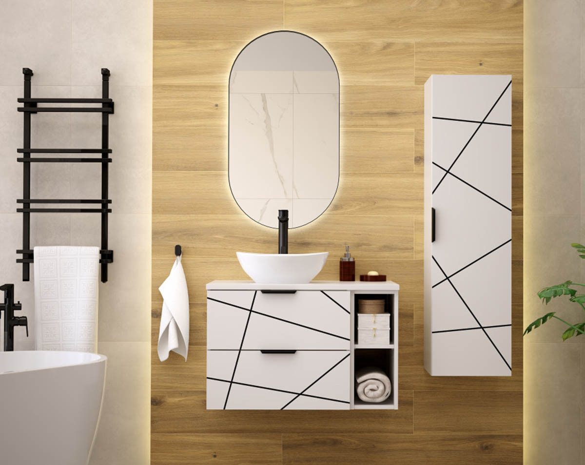 einfachgutemoebel Waschtisch-Set Badset 3-tlg. Waschtisch 80cm STRIATA, Matt-Weiß mit Regalfach, (Badmöbel Set, 1-St., Waschtisch Unterschrank)