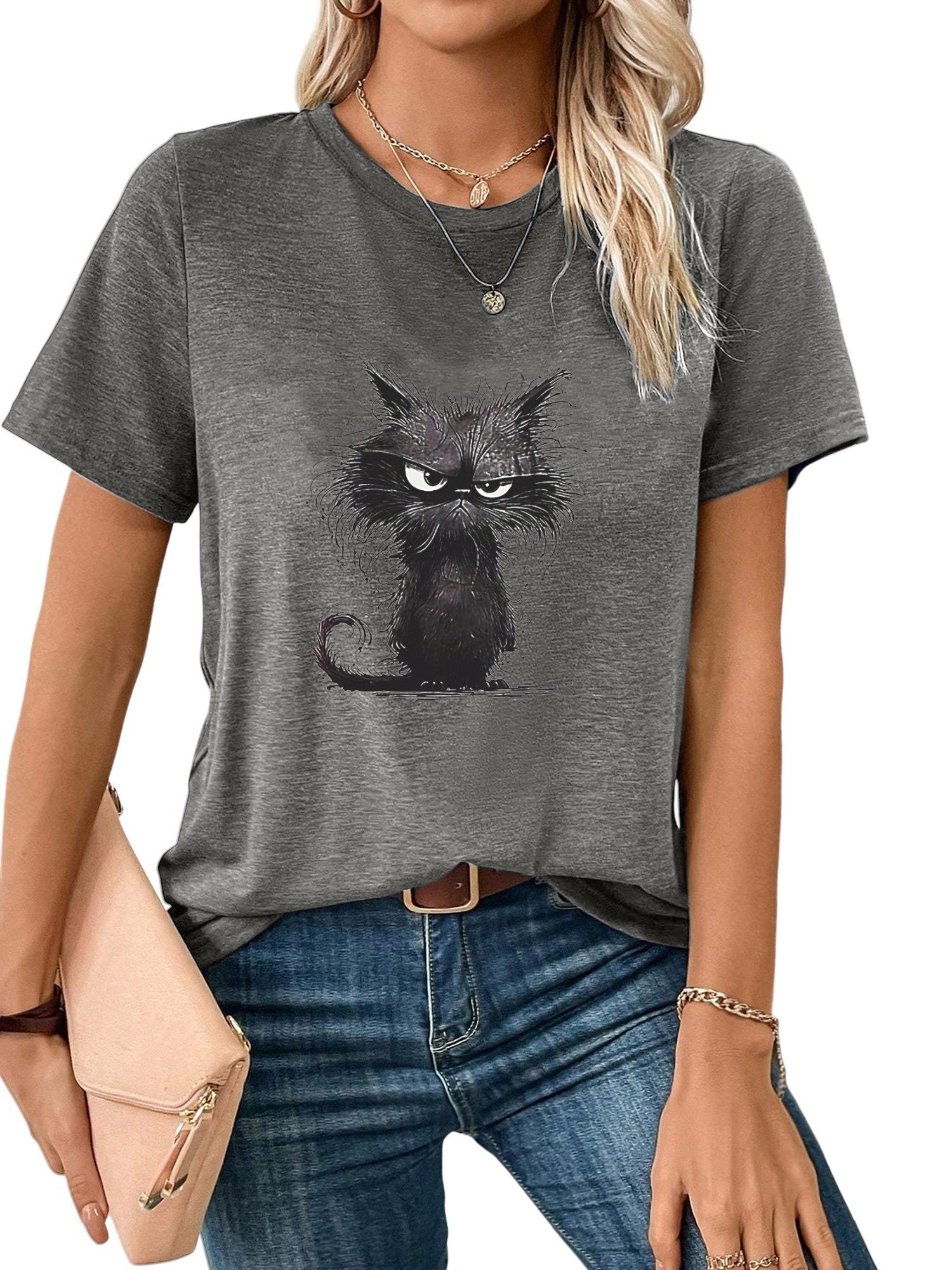 PYLIKE Rundhalsshirt Damen bequemes Sommer Kurzarmbluse Slim Fit Katze Print-Shirt Bequem für Freizeit und Büro
