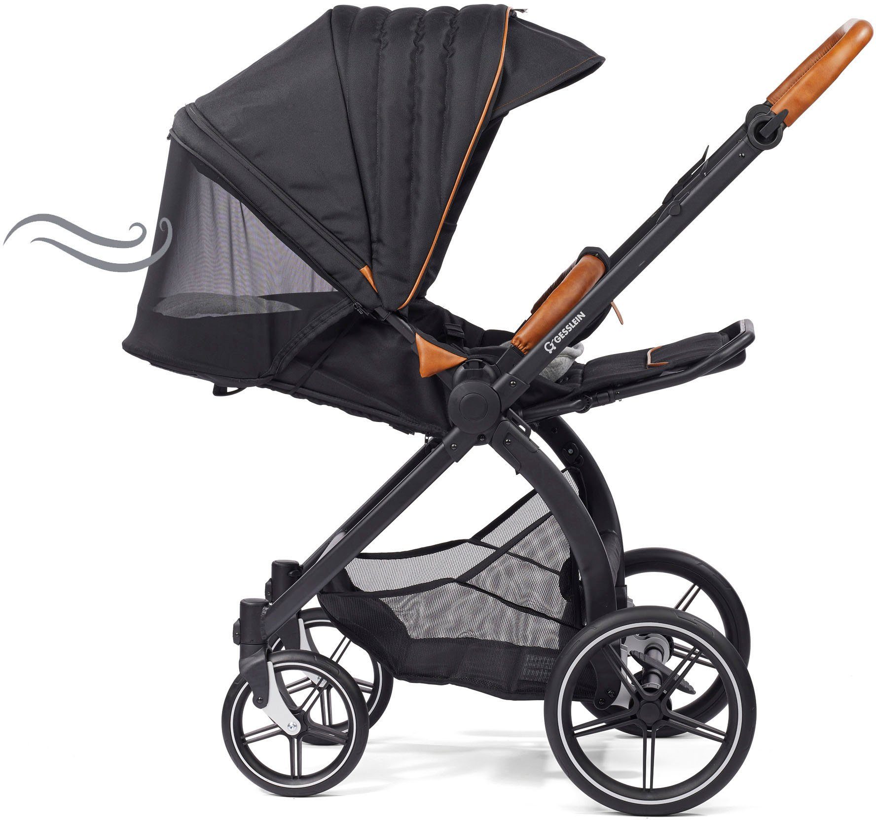 Swing FX4 Kombi-Kinderwagen und Soft+ C3 Gesslein mit Aufsatz schwarz, Babywanne schwarz/kupfer, Babyschalenadapter mit