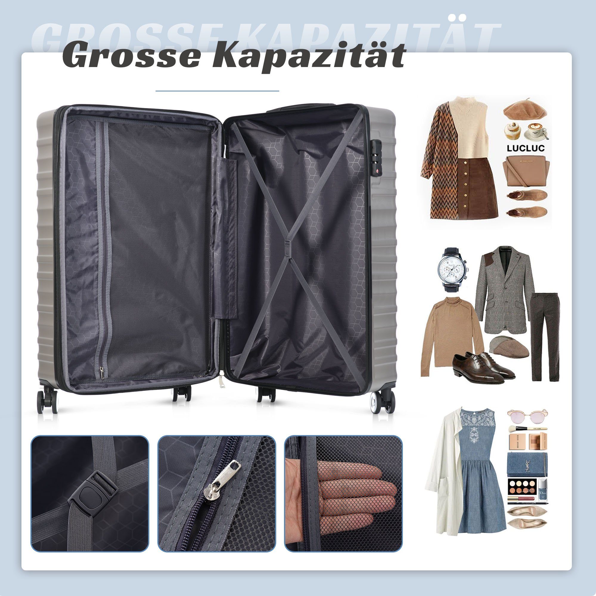 Hochwertiges Kapazität, OKWISH TSA-Schloss, Grau 4 Rollen 4 ABS-Gepäck, Handgepäckkoffer erweiterbare Räder,