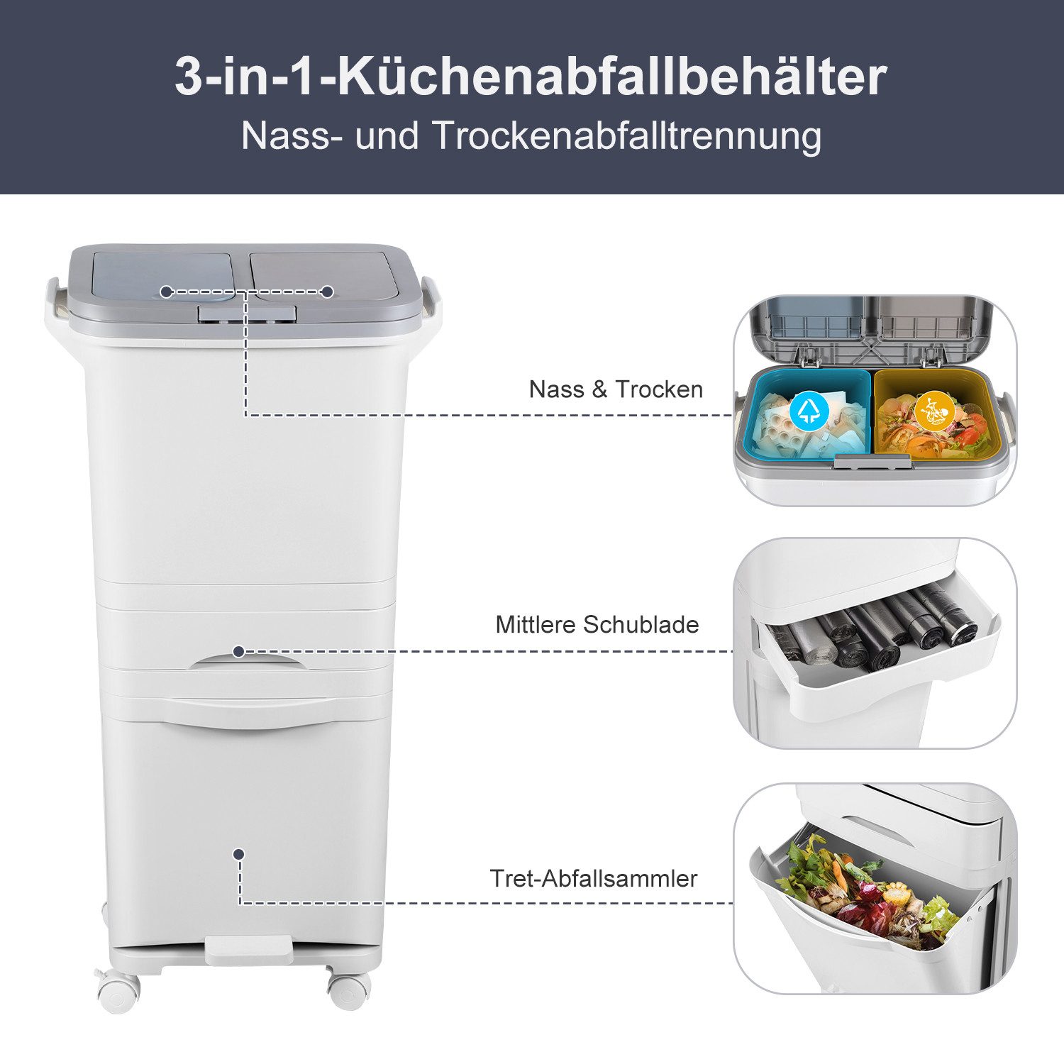 Clanmacy Mülleimer 42L Abfalleimer Mülleimer Küche mit Pedal und 4 Fächern – Bild 5 von 5