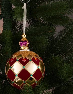 BRUBAKER Weihnachtsbaumkugel Premium Weihnachtskugel "Royal King" - Königliche Baumkugel Gold Rot (1 St), Kariert mit Samt, Glitzer und Krone - 14 cm große Baumkugel aus Glas