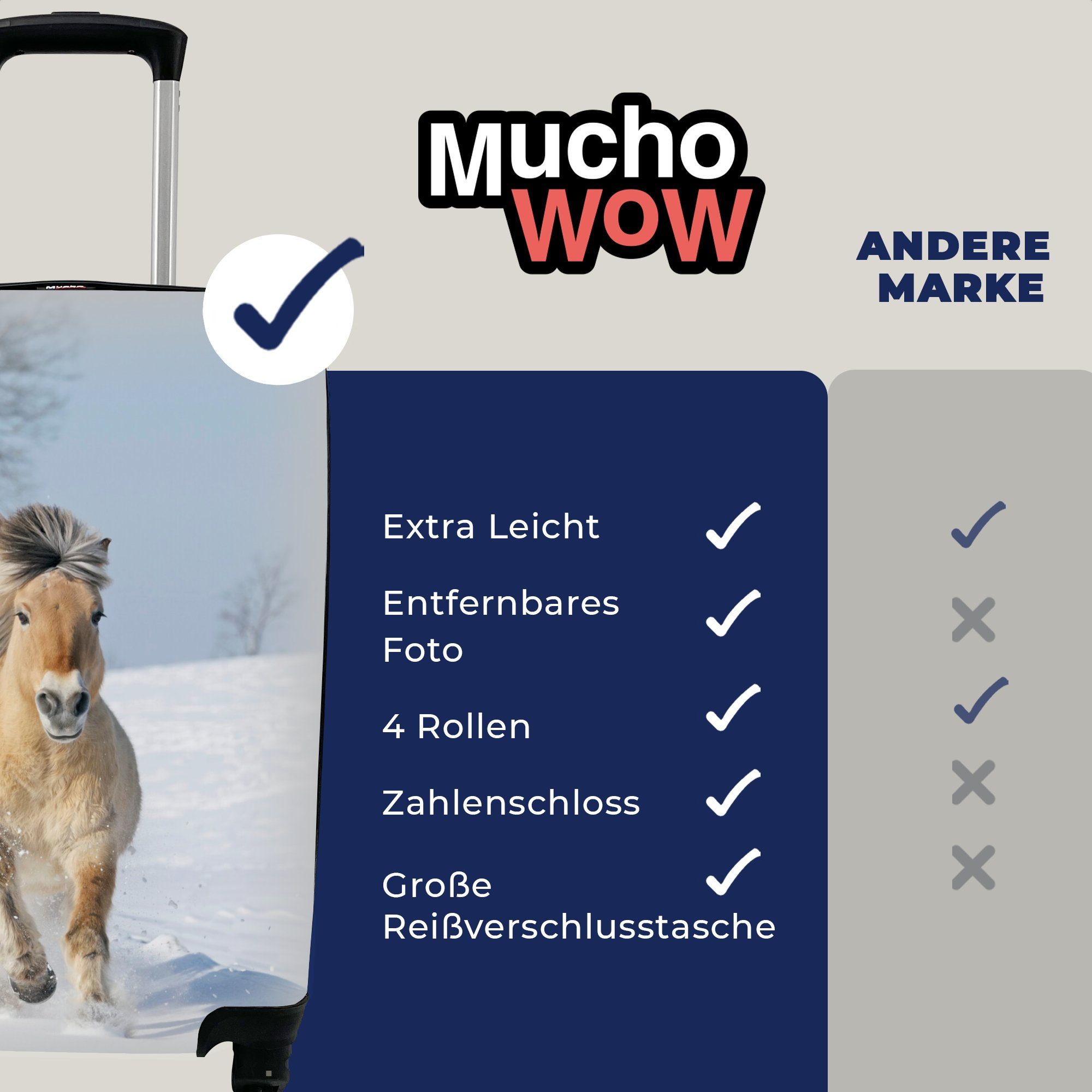 4 mit Handgepäckkoffer Handgepäck MuchoWow Rollen, Schnee, im Ferien, rollen, Reisekoffer Trolley, für Fjordpferd Reisetasche Laufendes