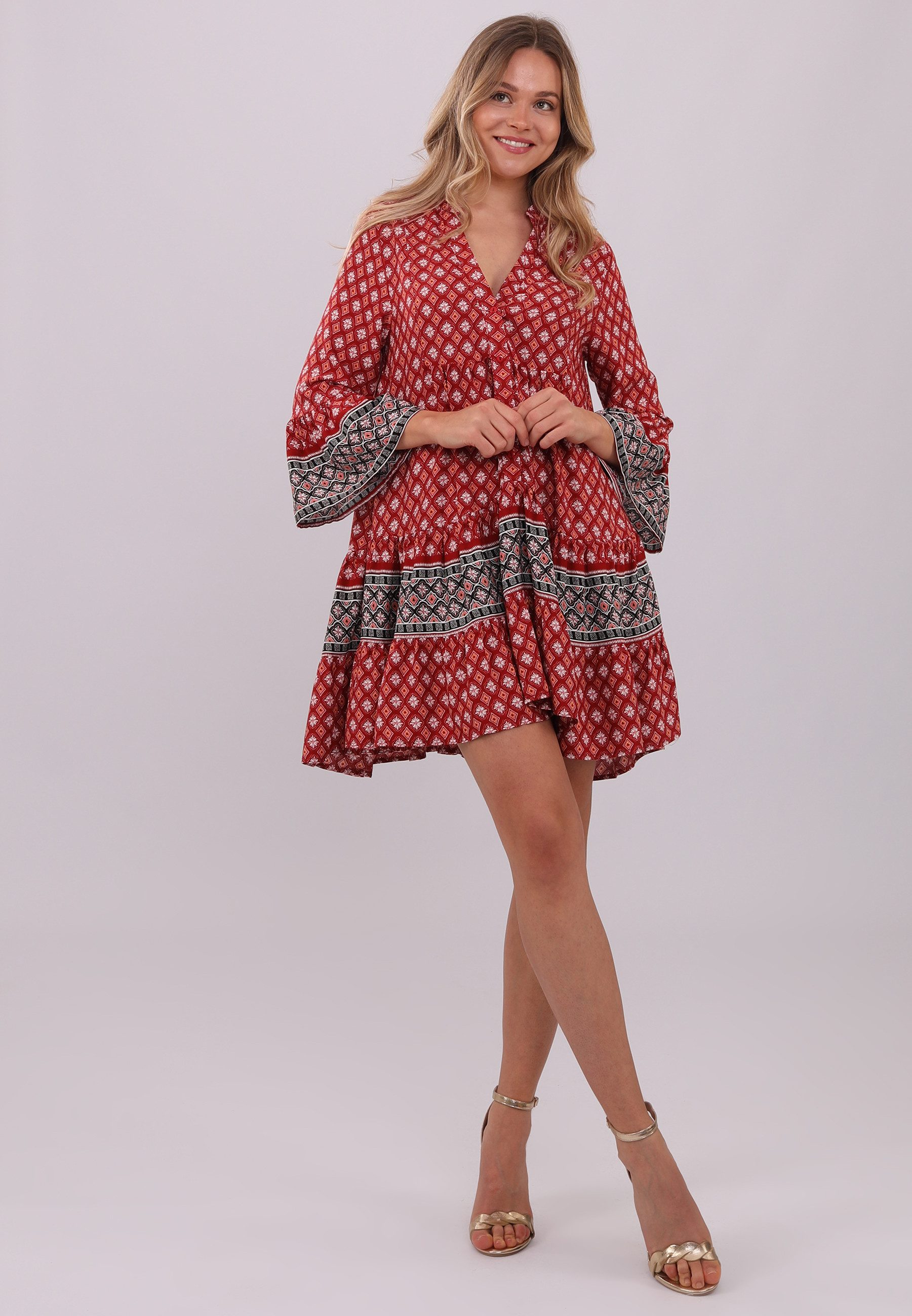 YC Fashion & Style Tunic Dress Dream Dress in Red with Ethnic Patterns All-Over Print