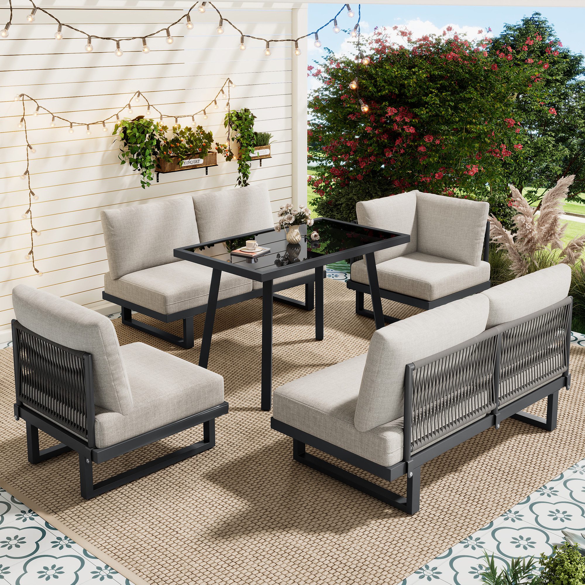 Merax Gartenlounge-Set mit Liegefunktion, Outdoor Relaxbett wandelbar, (Ecksofa & Esstisch, 5-tlg), 6-Sitzer Sitzgruppe Gartenmöbel-Set aus verzinktem Stahl mit Glastisch