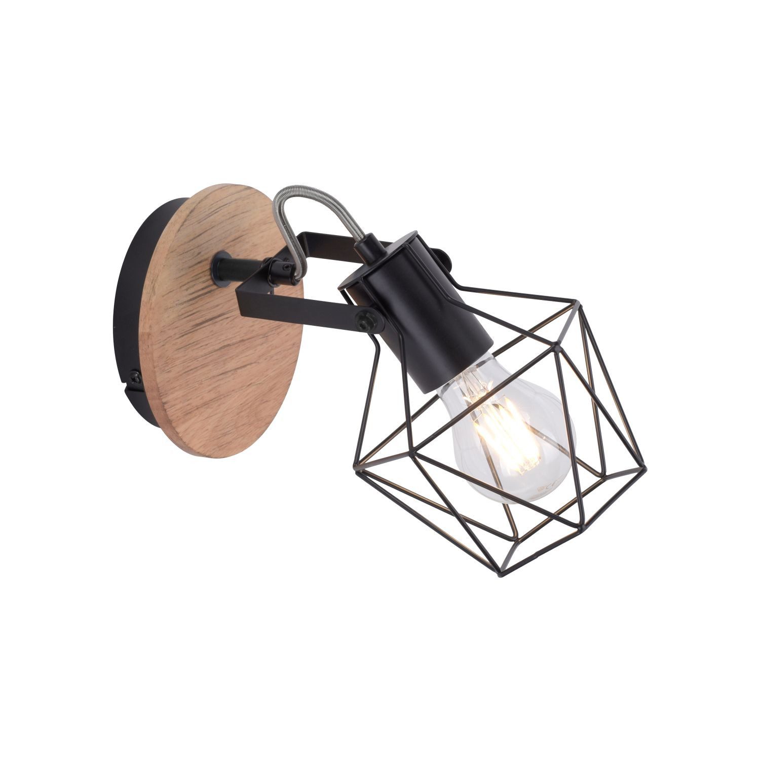Licht-Erlebnisse Wandstrahler ARTHON, ohne Leuchtmittel, Metall Holz verstellbar Natur Schwarz E27 Vintage Design Käfig Schirm