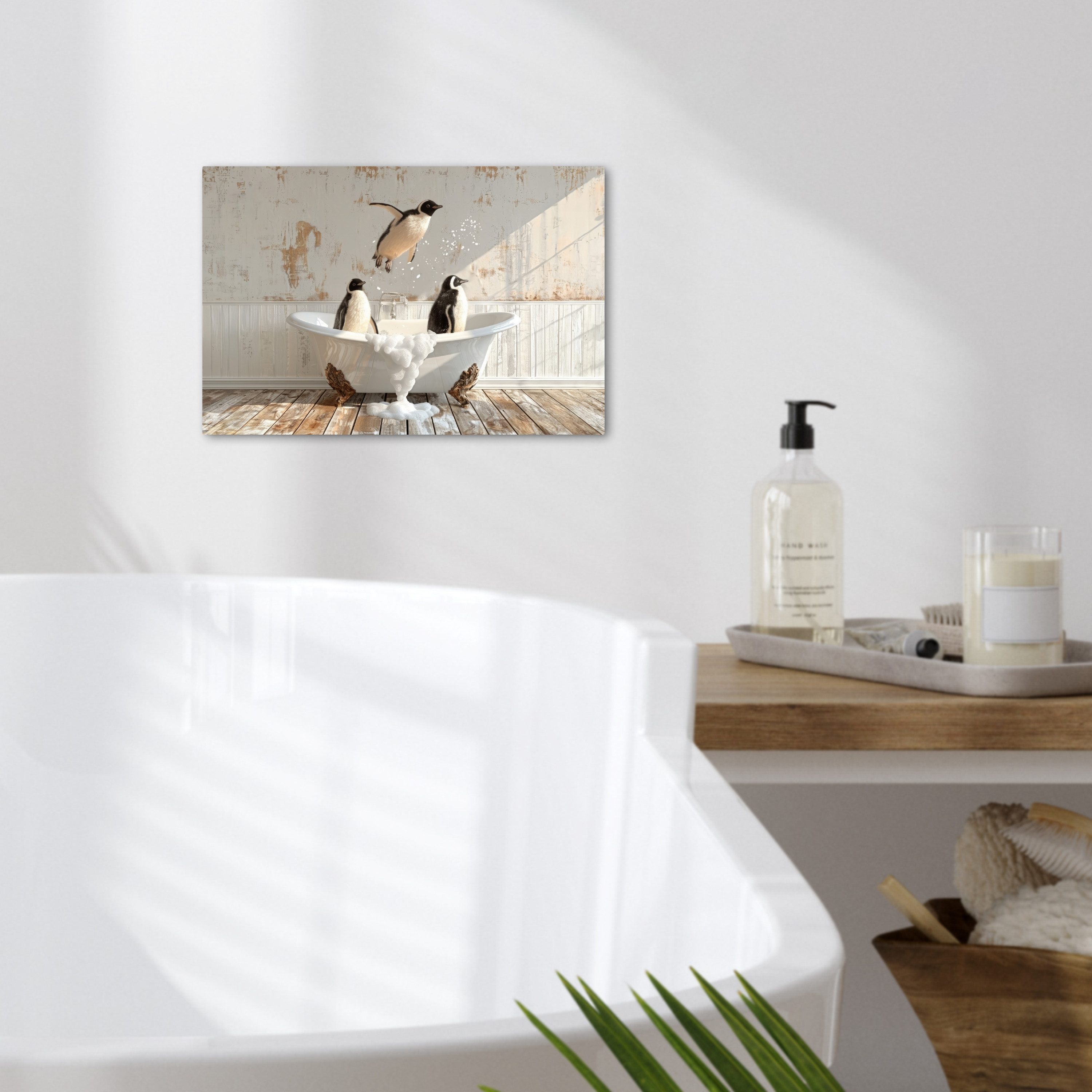 OneMillionCanvasses® Leinwandbild Weinlese - Pinguin - Badewanne - Schaumstoff, Fotodruck (1 St), Bilder für Badezimmer, Bad und Toiletten Deko, Bild WC 30x20 cm