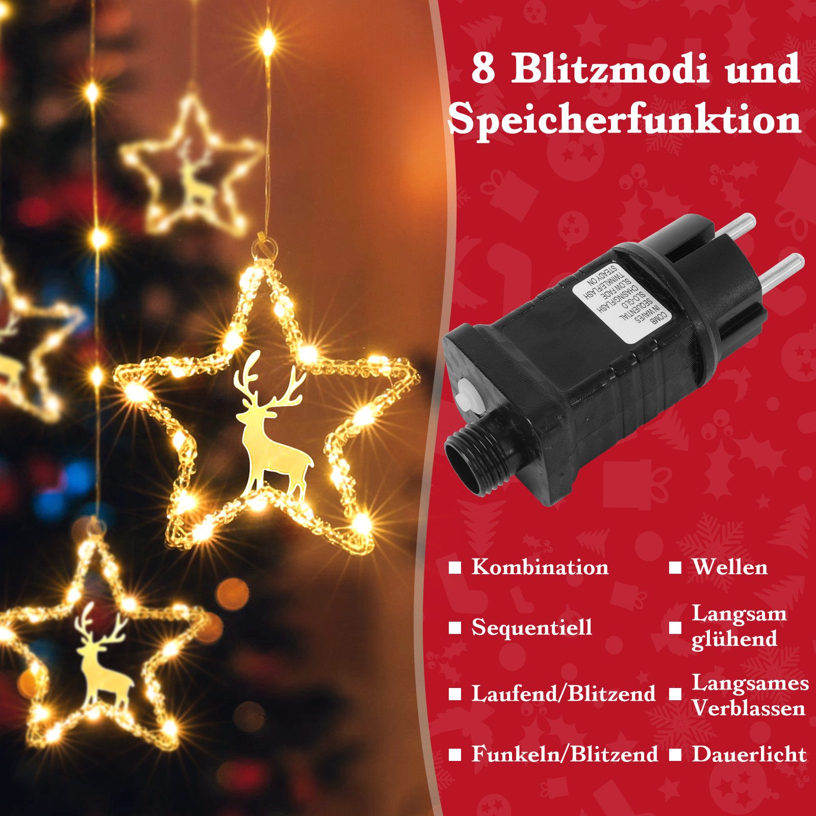 Elegear LED-Lichterkette 0,8/1,2m LED Lichtervorhang Weihnachtsdeko mit hak günstig online kaufen
