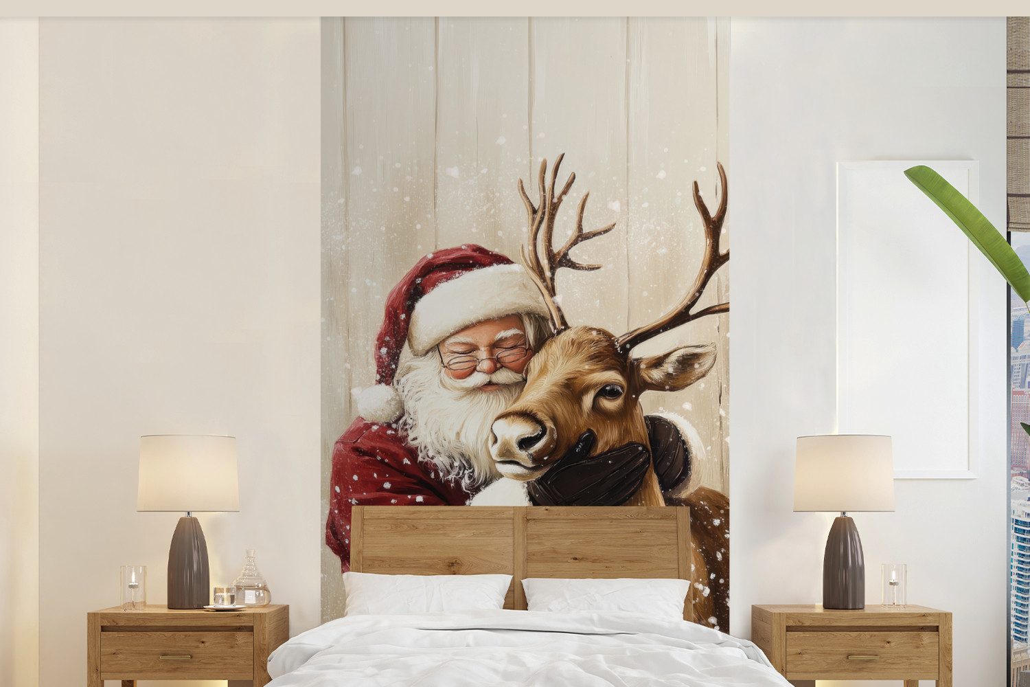 MuchoWow Fototapete Weihnachtsmann - Rentier - Schnee - Bunt, Matt, bedruckt, Vliestapete für Wohnzimmer Schlafzimmer Küche, Fototapete, 120x240 cm