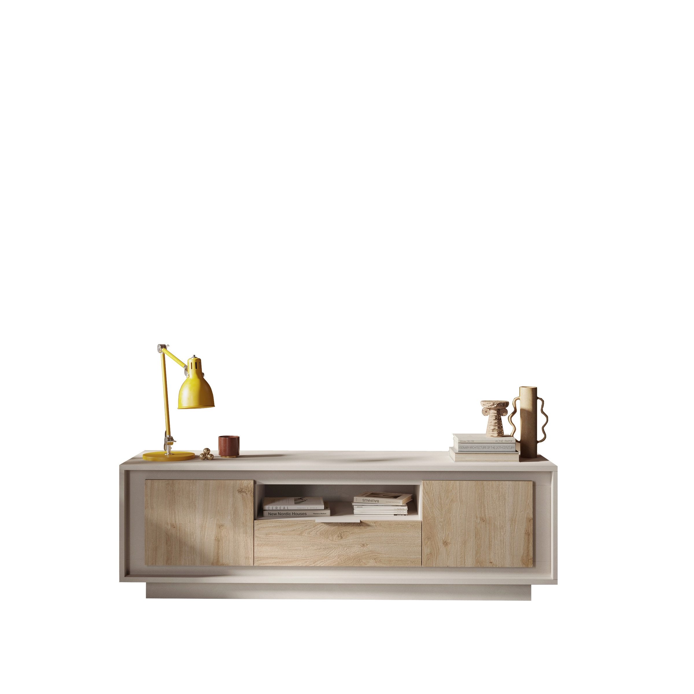 freiraum Lowboard Siena, 2 Türen, 1 Schub, Weiss Lack matt, Cadizeiche Dekor - 180x58x50 BxHxT