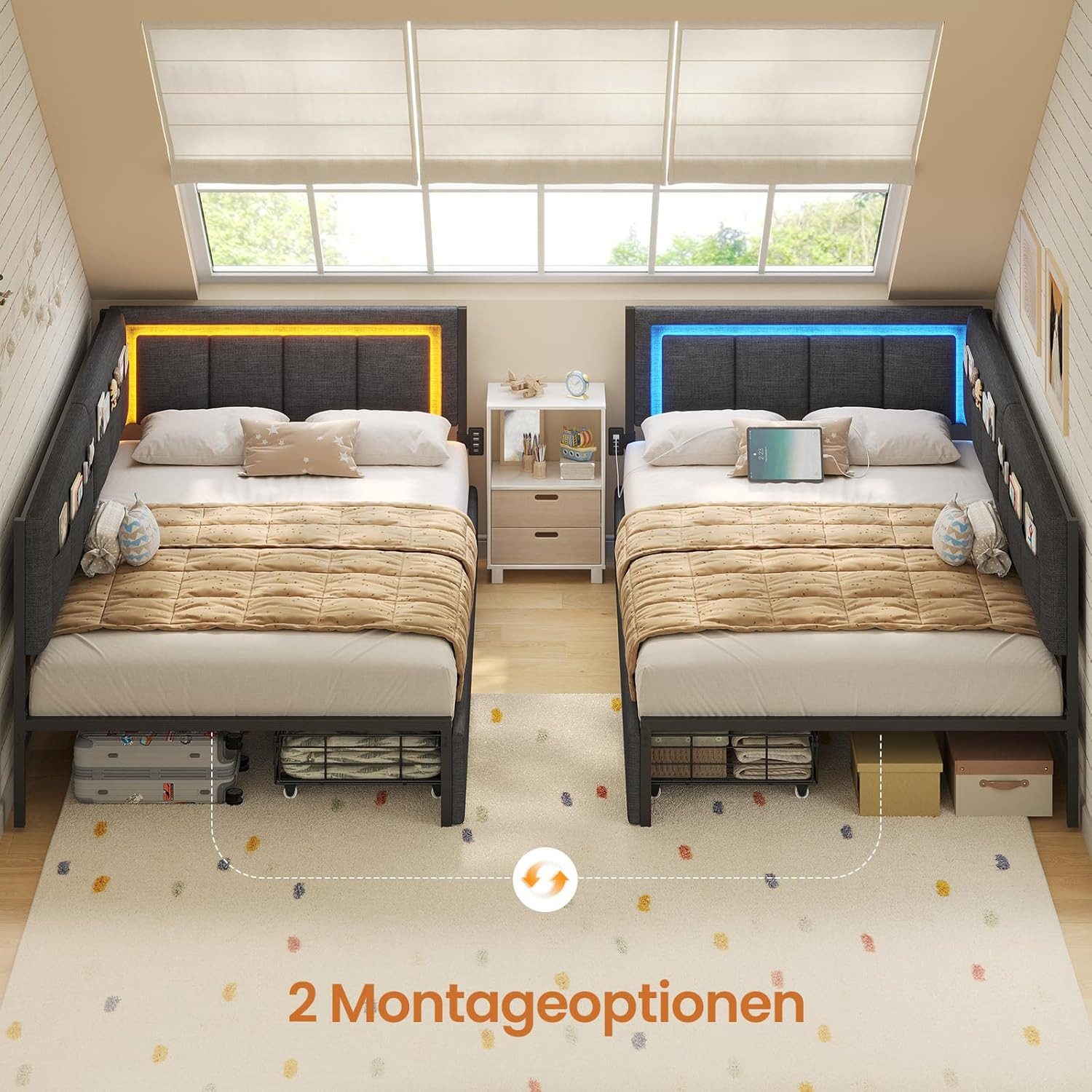 KIMENICH Polsterbett Schlafsofa mit LED-Beleuchtung, 6 Stoffbeutel & Ladestation (Ohne Matratze), Jugendbett mit 2 Schubladen, Grau – 90x190 cm – Bild 5 von 5