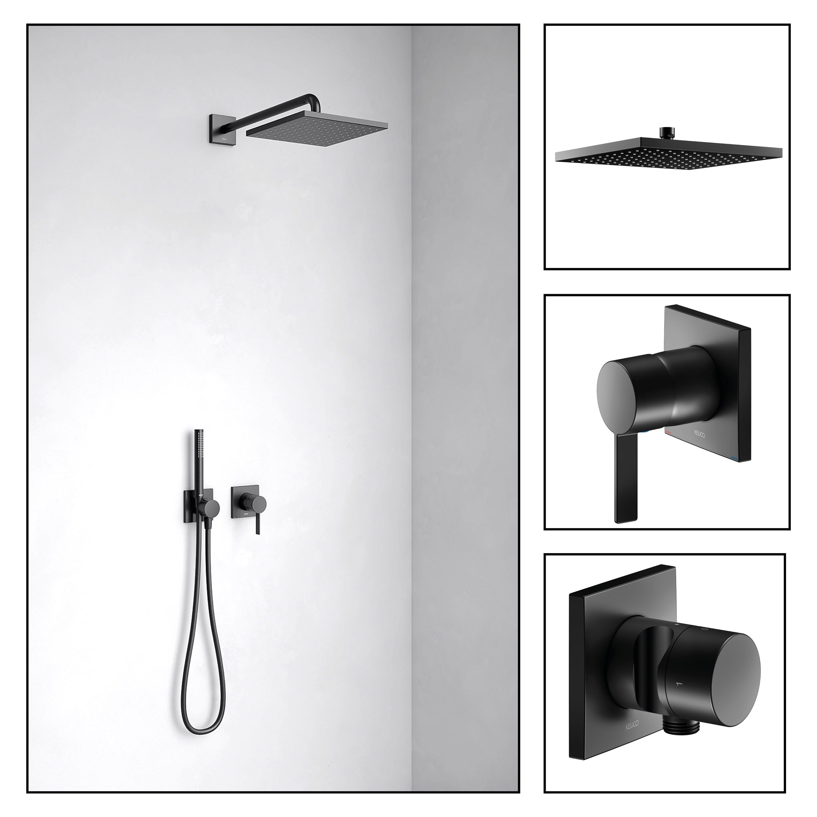 Keuco Duschsystem IXMO, Höhe 38.00 cm, 2 Verbraucher, schwarz, Komplett-Set, Einhebelmischer, Rosetten eckig