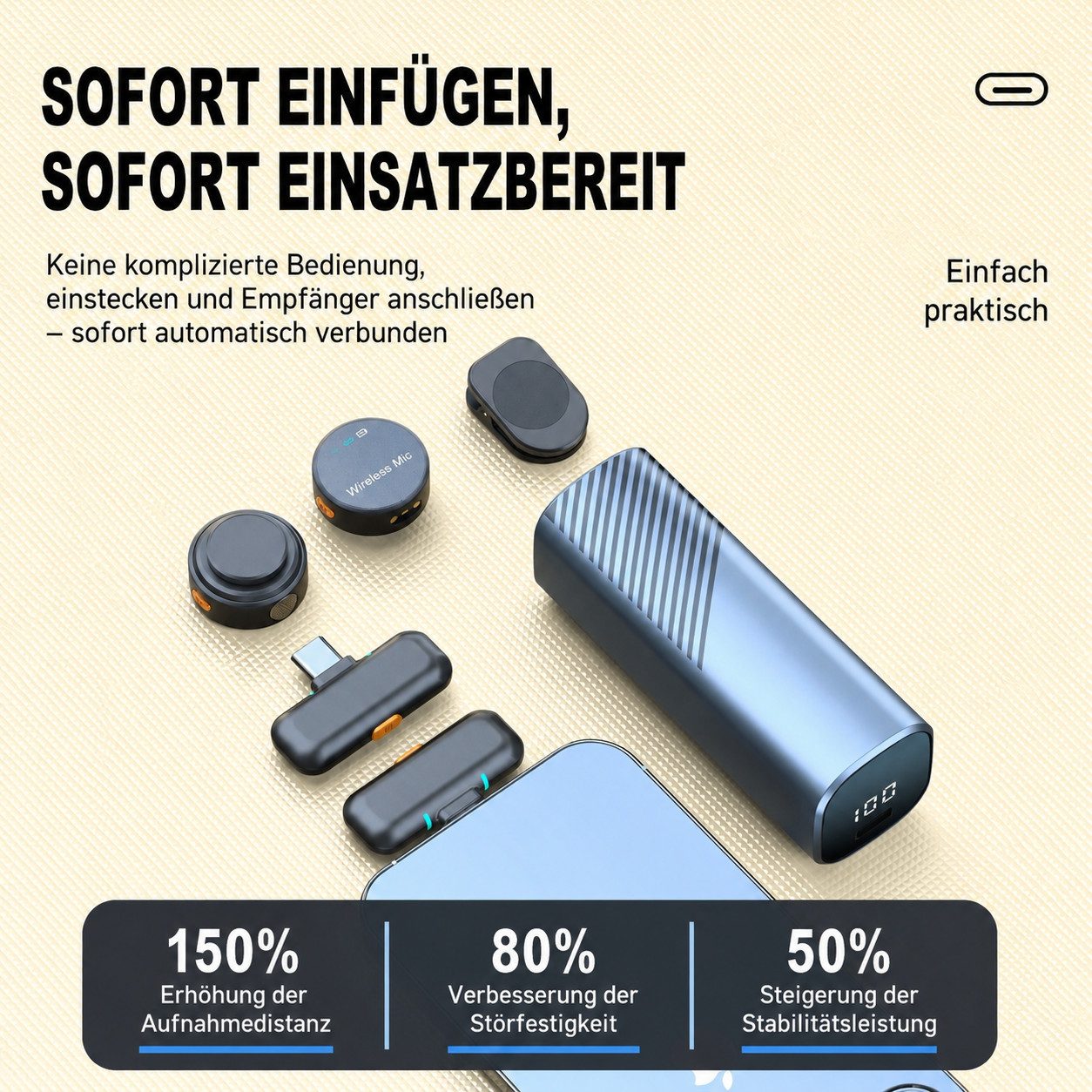 ibettertec Mikrofon Lavalier Kabelloses Mikrofon für iPhone, Android DSP Noise Cancelling (Mini Mikrofon für Live-Streaming,Geräuschunterdrückung, 9-tlg), Plug  – Bild 4 von 5
