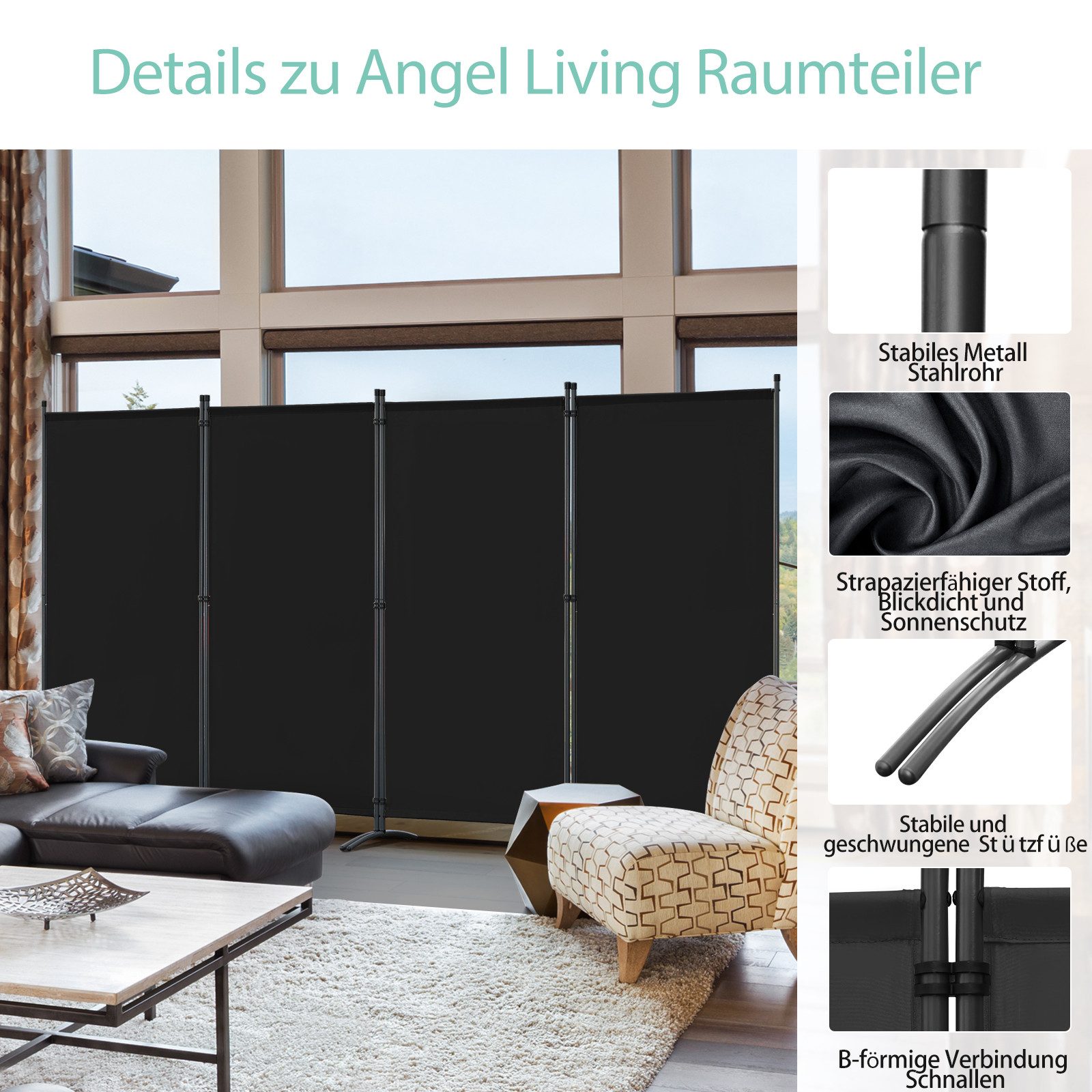 Angel Living Senkrechtmarkise 4-teiliger Paravent Raumteiler, 324x180cm (4-St) Trennwand Balkon Sichtschutz aus Stahl und Polyester