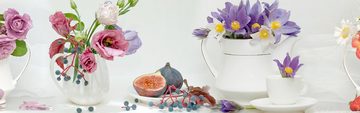 wandmotiv24 Küchenrückwand Erdbeeren Blumen Tassen Kannen Feige, (1-tlg), Premium Hartschaum Nischenrückwand in versch. Größen