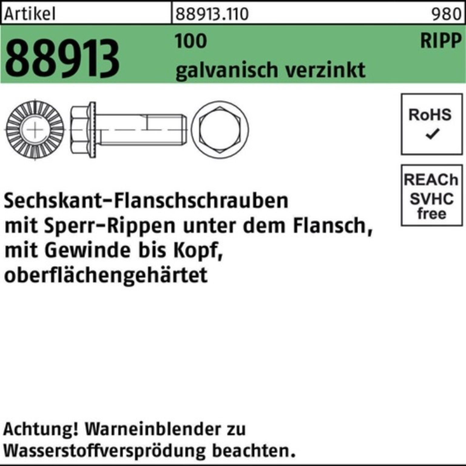 Reyher Schraube 100er Pack VG M16x50 100 Sperr-Ripp Sechskantflanschschraube R 88913 g