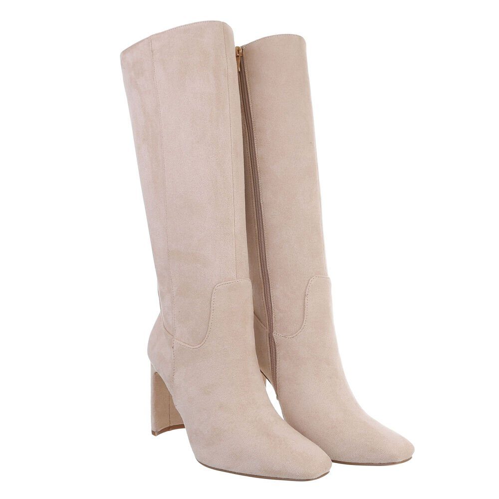 Ital-Design Damen Elegant High-Heel-Stiefel High-Heel in Beige Blockabsatz Stiefel