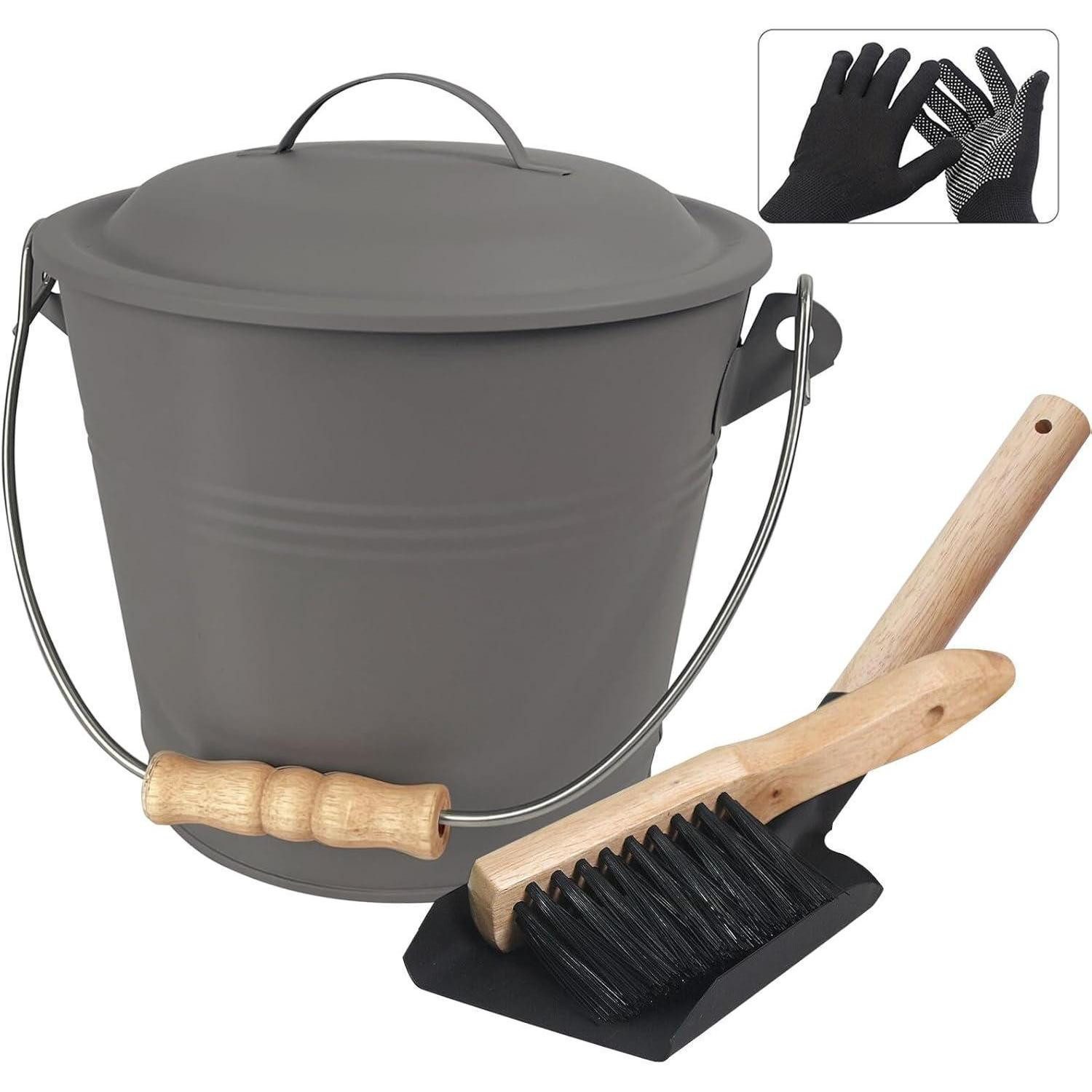 LuxusKollektion Aschekasten Ascheeimer mit Deckel 5L Kohleeimer Schaufel Handbesen Feuerstelle