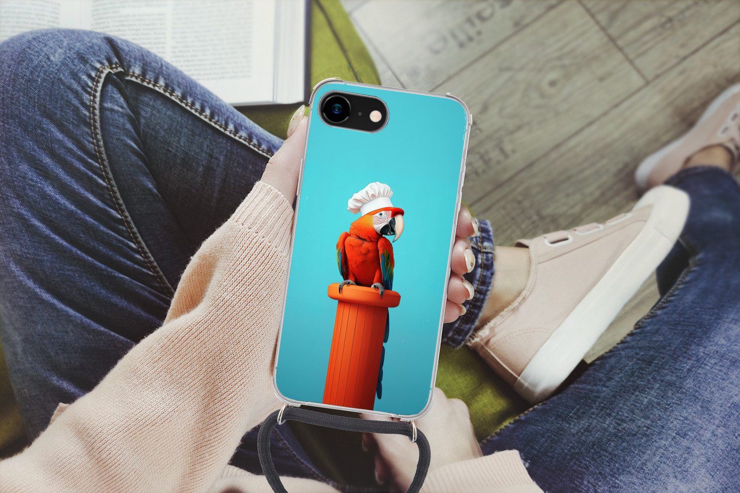MuchoWow Handyhülle für Apple iPhone 8 Ara - Kochmütze - Sockel - Lustig, Tragbare Handyhüllen mit Kette zum umhängen, Handykette Handyband