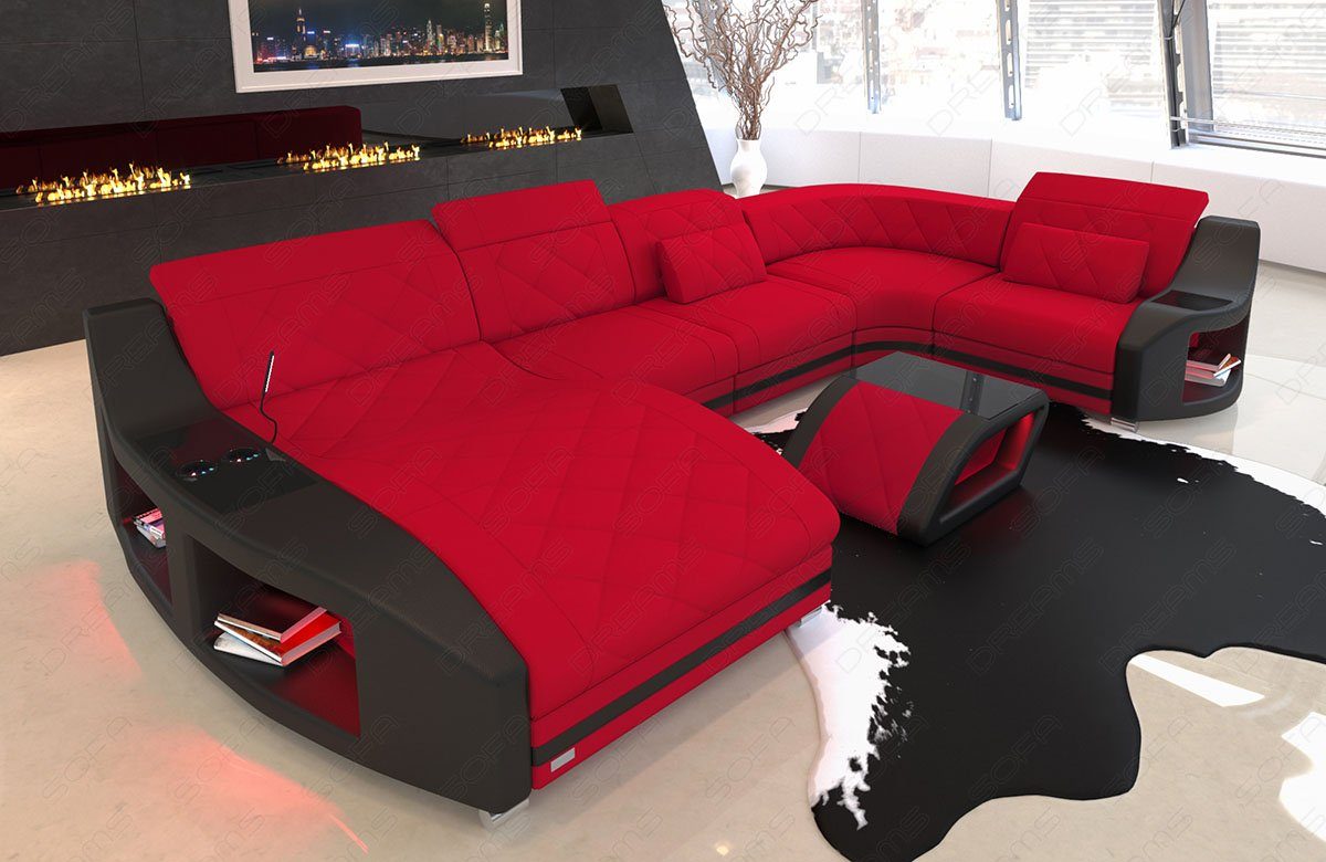 Sofa Dreams Wohnlandschaft Sofa Designersofa Polsterstoff Swing U Form M Mikrofaser Stoffsofa, Couch wahlweise mit Bettfunktion rot-schwarz