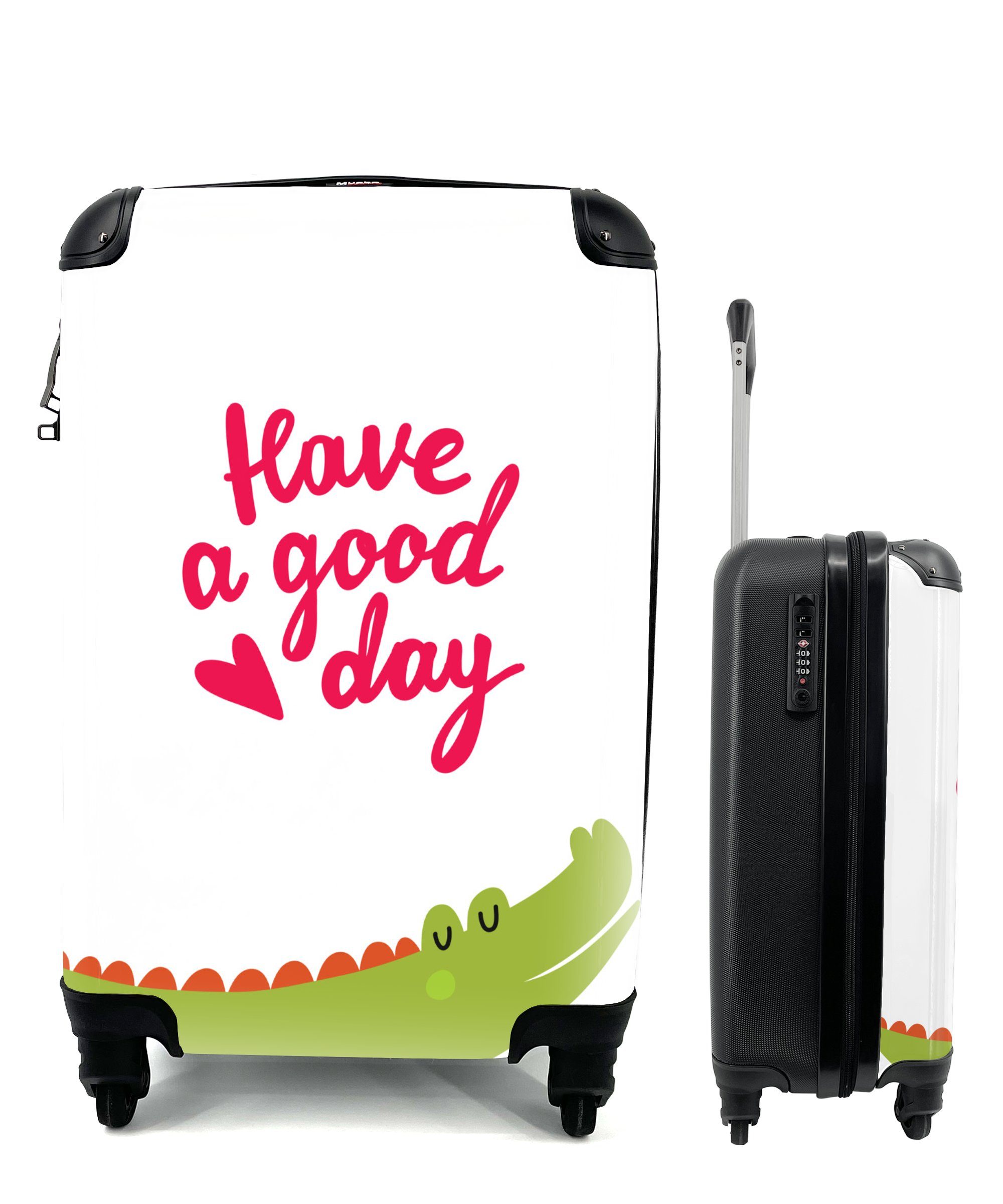 MuchoWow Handgepäckkoffer Illustration mit einem Krokodil und dem Zitat "Have a good day"., 4 Rollen, Reisetasche mit rollen, Handgepäck für Ferien, Trolley, Reisekoffer