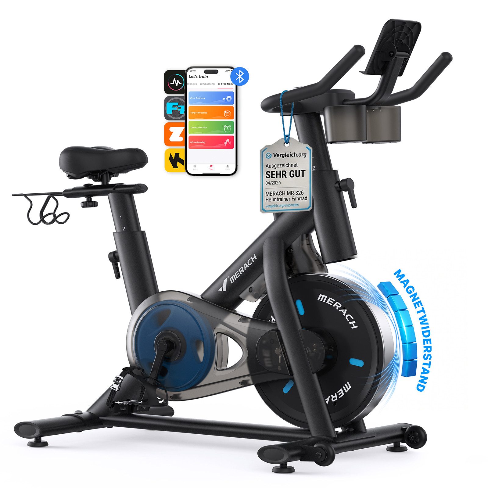 MERACH Heimtrainer mit verstellbarem Widerstand, leise mit LED-Monitor (Leises Bremsbelag/Hometrainer Fahrrad, 1-tlg., mit Verbessertem LCD-Monitor, Hantelrack, Tablet-Halter), Verstellbare Sitz, Eigener App, 136KG Belastbar