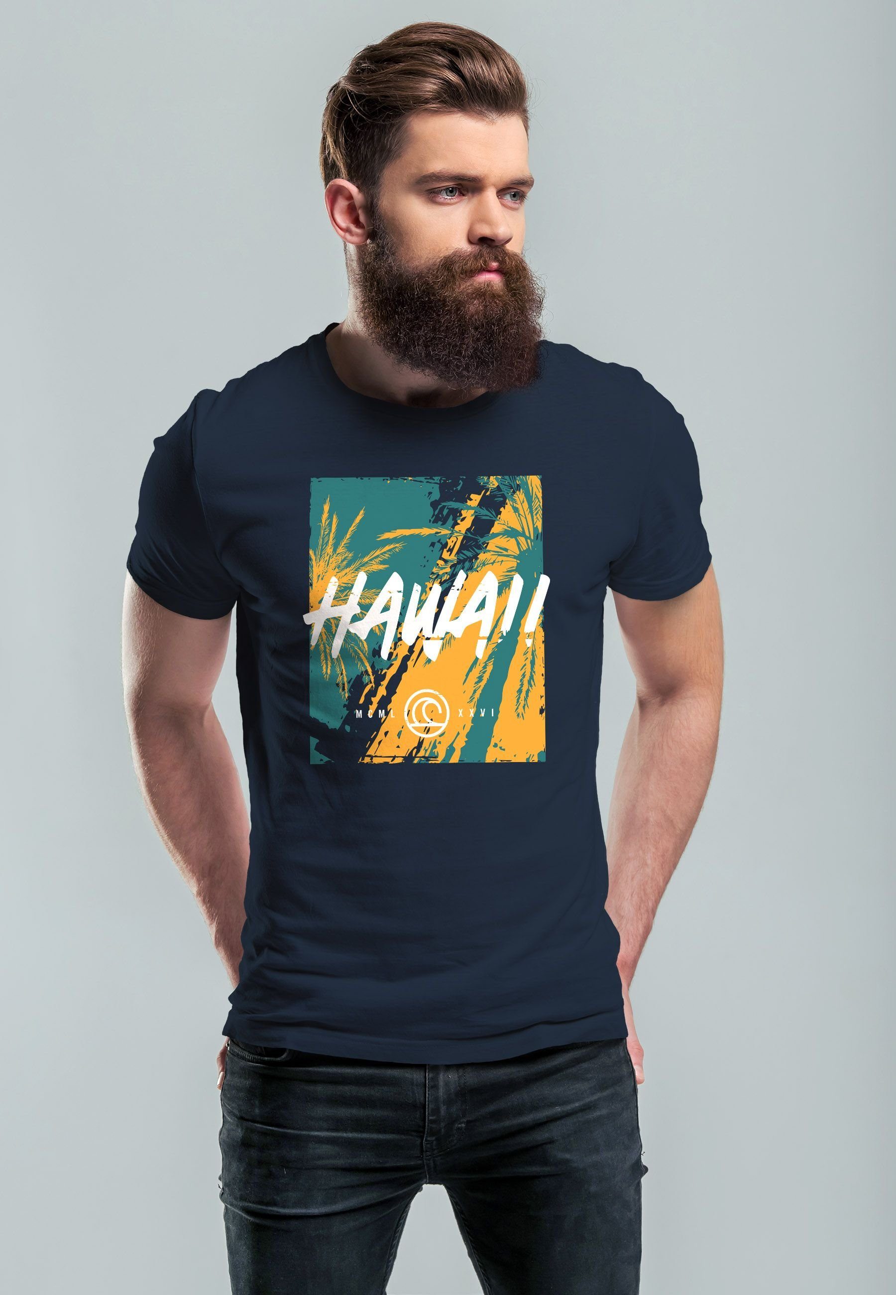 Print-Shirt navy Print Hawaii mit Neverless Surfing Fashion Print T-Shirt Aufdruck Str Herren Sommer Palmen