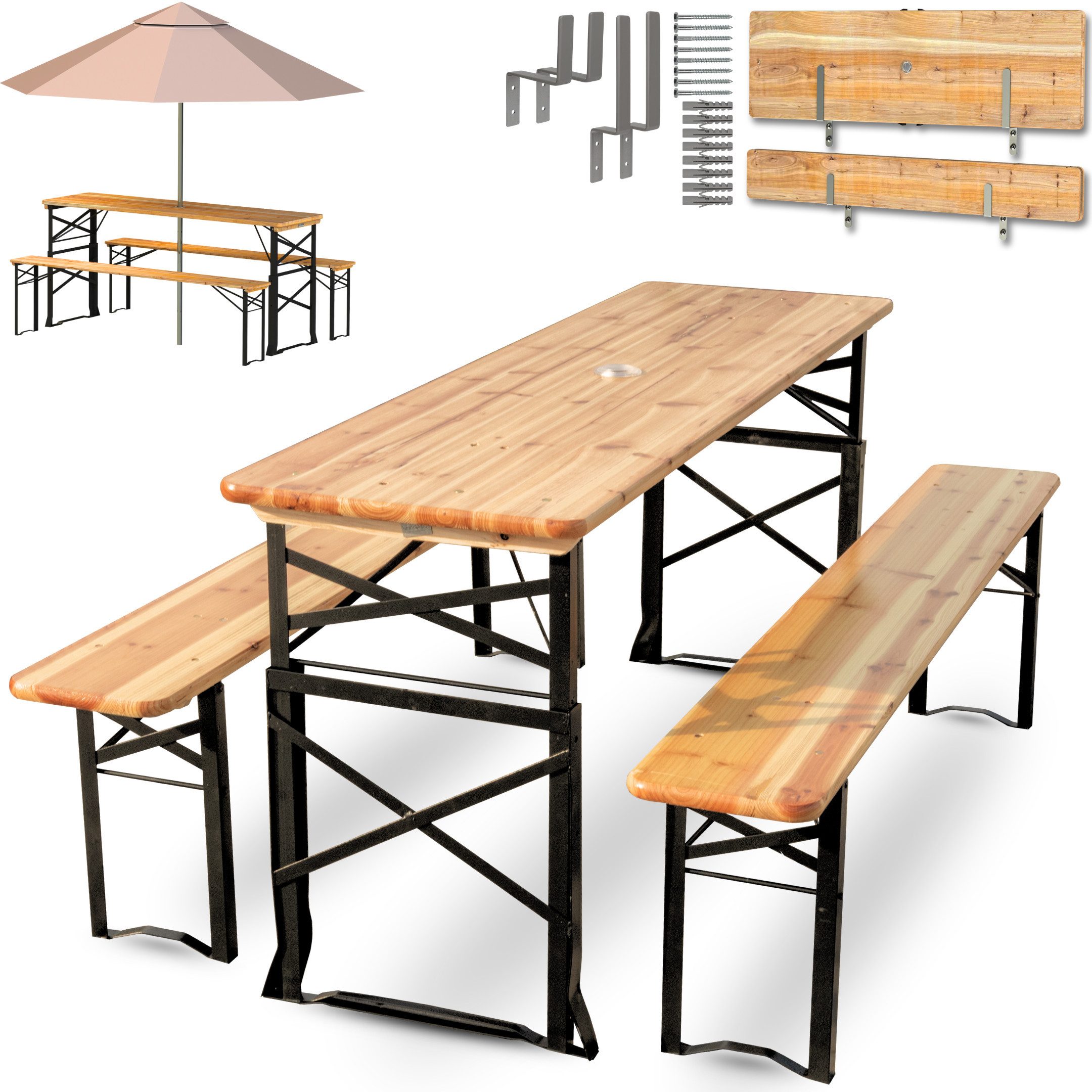 holz4home® Bierzeltgarnitur 3-teilig I Festzeltgarnitur aus Holz und Metall, Klappbar