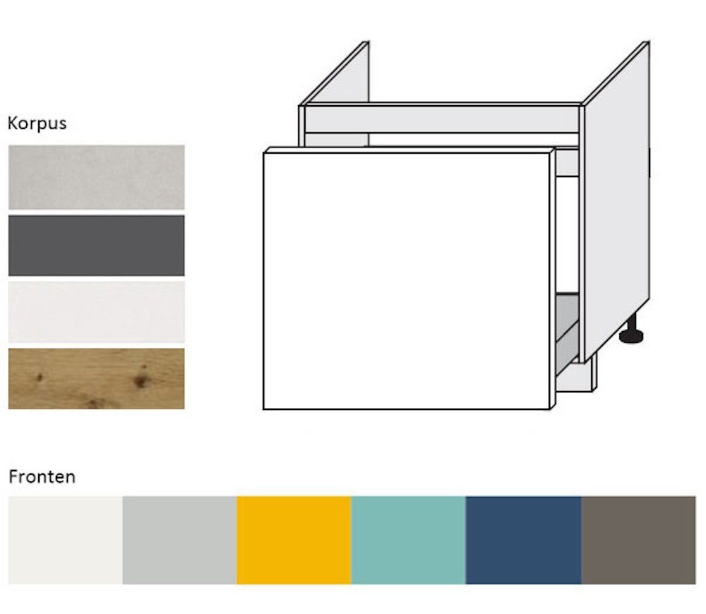 pflegeleichter Spanplatte Kunststoffoberfläche, Spülenunterschrank Hochglanz Korpusfarbe lichtgrau Soft-Close-Funktion, Napoli (Teilauszug) Feldmann-Wohnen Schublade 80cm wählbar MDF) mit lackiert, & (Hochglanz 7035 Front- grifflos RAL 1