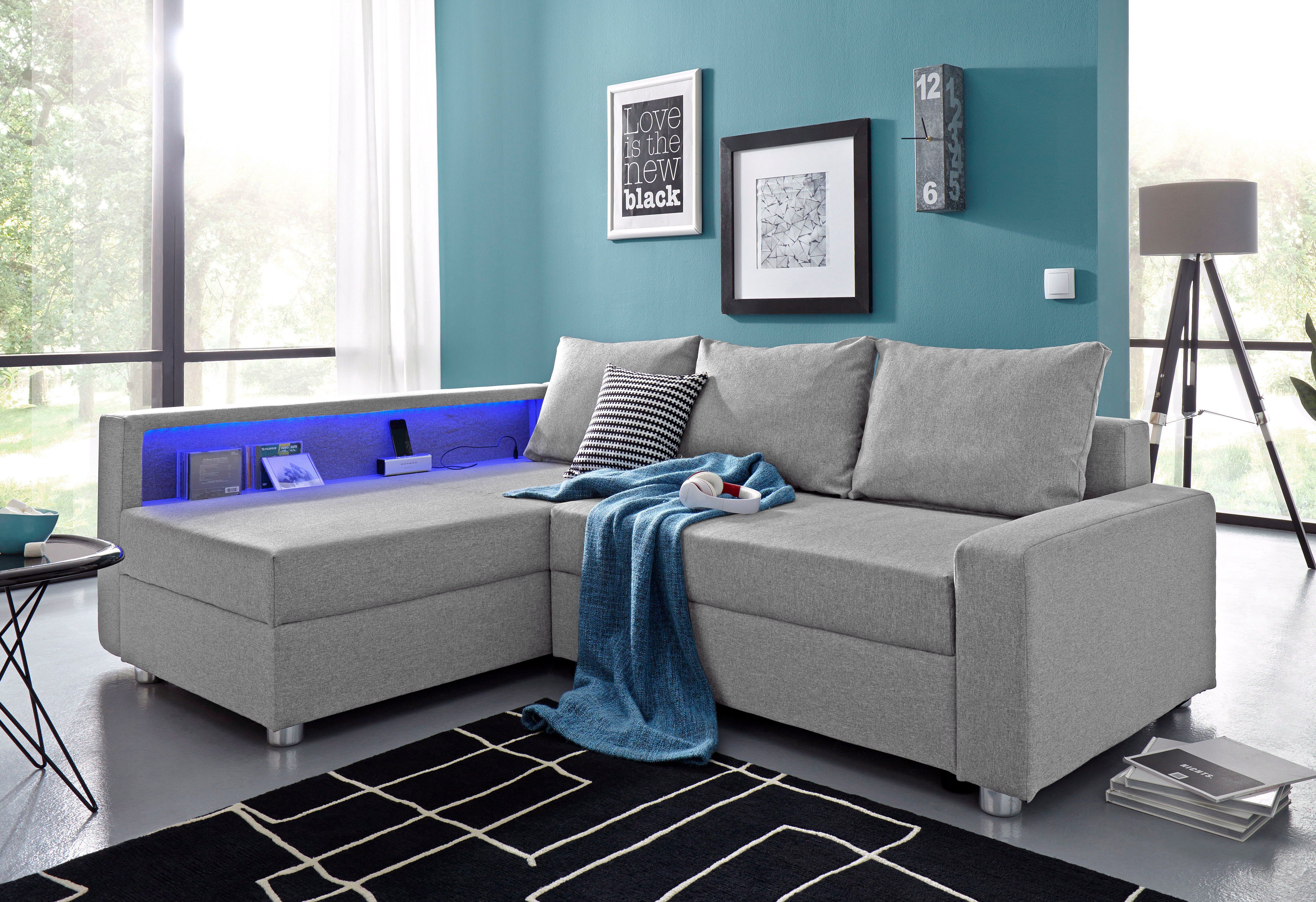 COLLECTION AB Ecksofa Relax L-Form, B: 223 cm, Schlaffunktion, Bettkasten, Regal & 1 Zierkissen, optional Licht