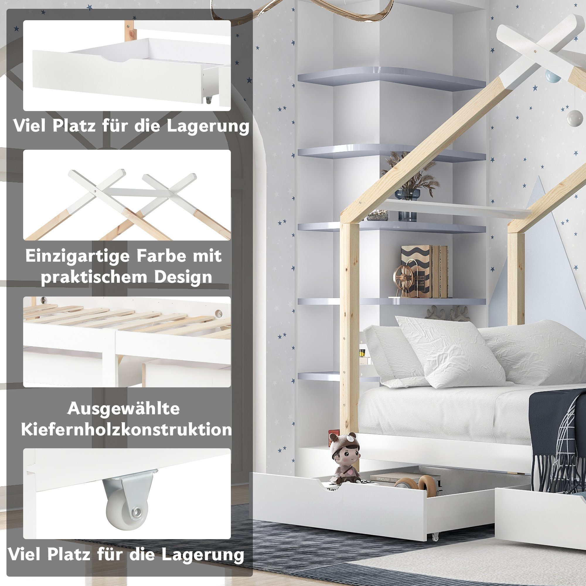 Massivholzbett Schubladen Flieks Weiß Hausbett Holzfarbe mit 2 (1-tlg), Kinderbett 90x200cm und