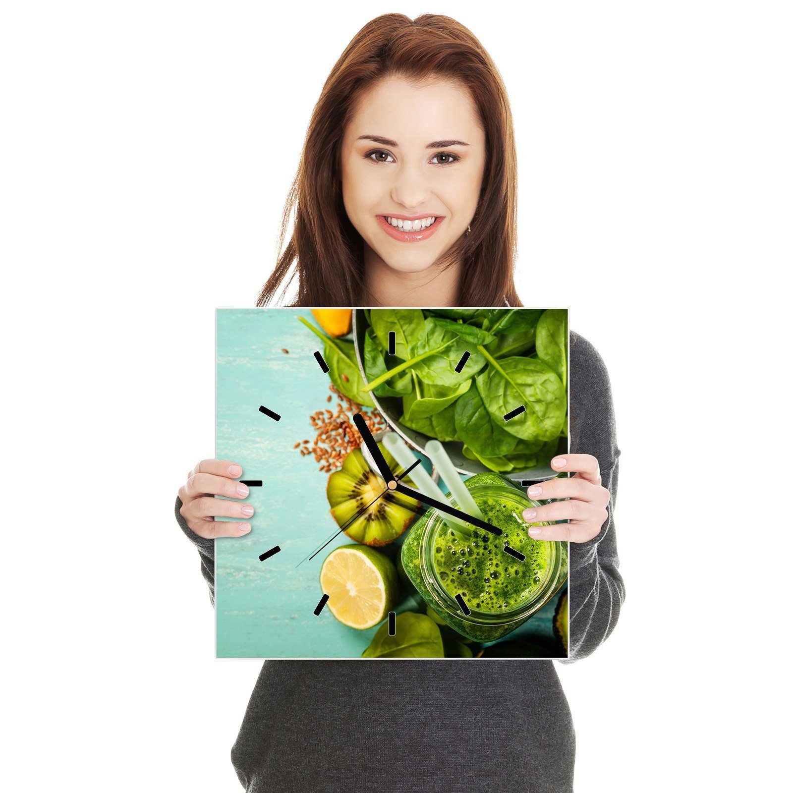 Wanduhr Wanduhr Motiv Salat cm mit und x 30 Glasuhr 30 Primedeco Wandkunst Avocado Größe