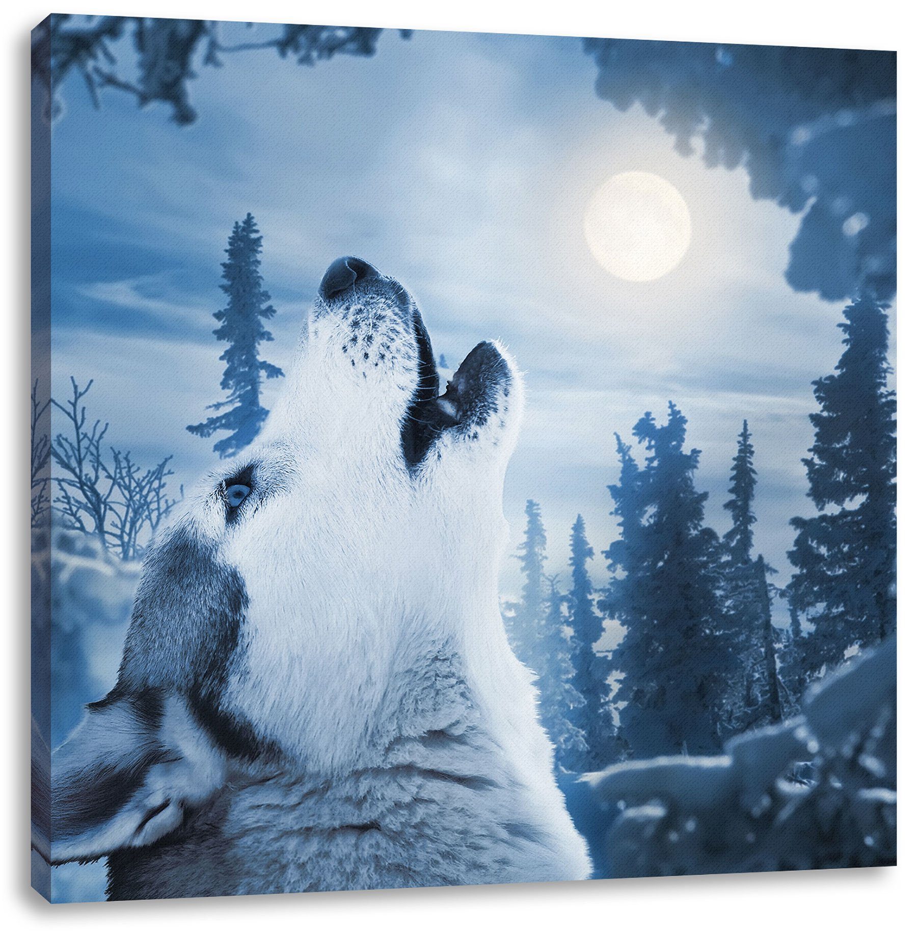 Pixxprint Leinwandbild Wolf vor Mondlicht, Wolf vor Mondlicht (1 St), Leinwandbild fertig bespannt, inkl. Zackenaufhänger