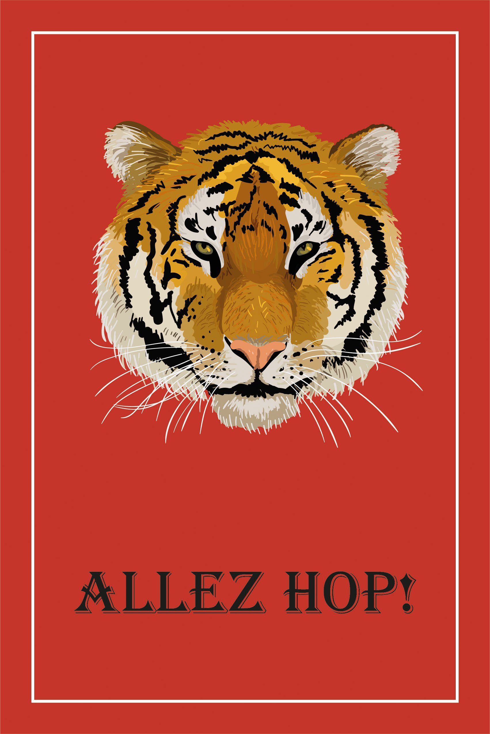 queence Leinwandbild Tiger ALLEZ HOP!, Kunst, Modern, Raubkatzen, Schriftzug, Tiere, Tiger, Premium-Leinwandstoff, Handarbeit aus Deutschland