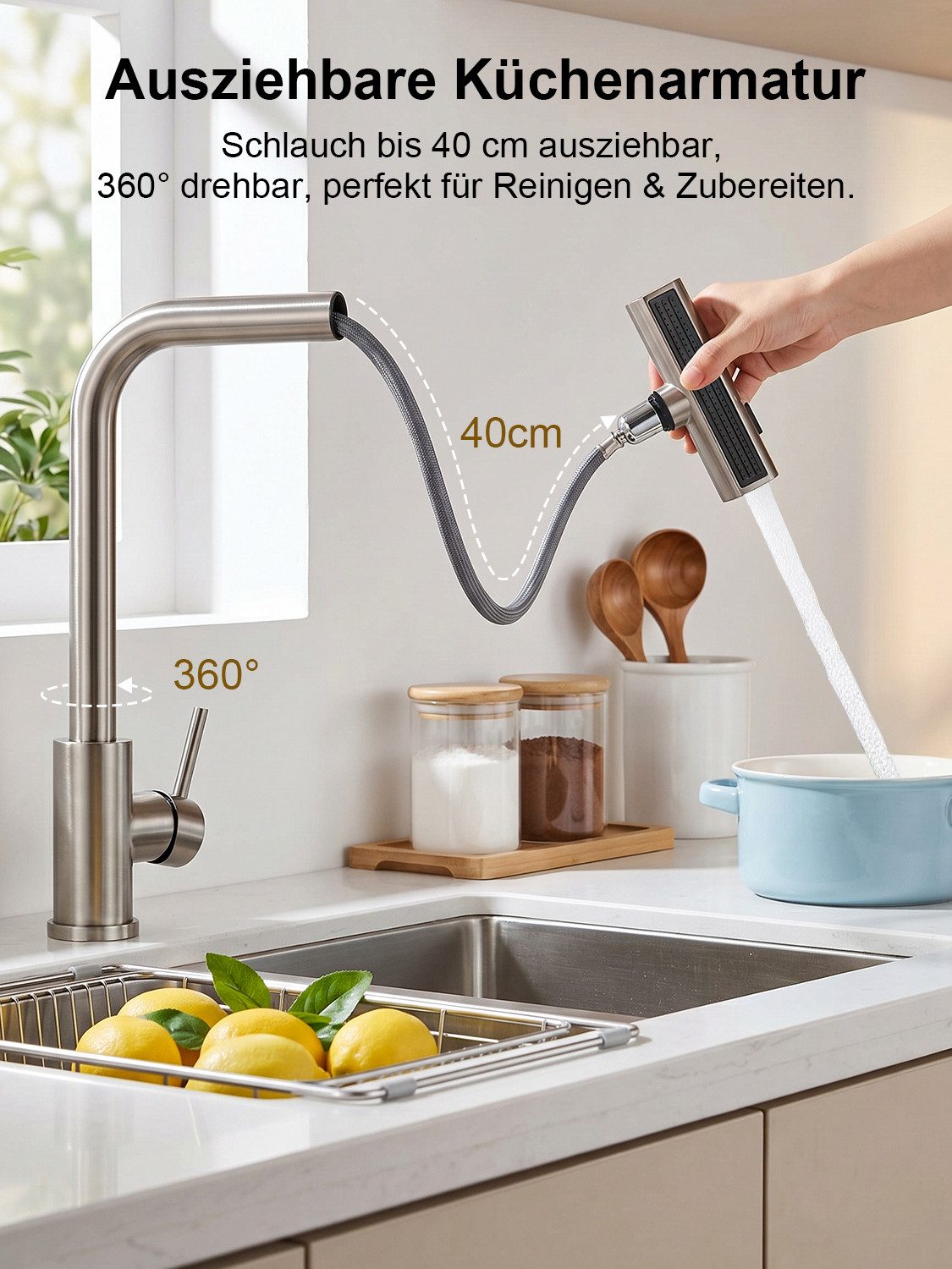 Lumkudos Küchenarmatur Wasserhahn Küche, ausziehbar 360° schwenkbar mit 3 Sprühfunktionen (Küchenarmatur Set, 1-St., Max.40, G3/8, ø32-35mm, Abnehmbarer Behälte – Bild 5 von 5