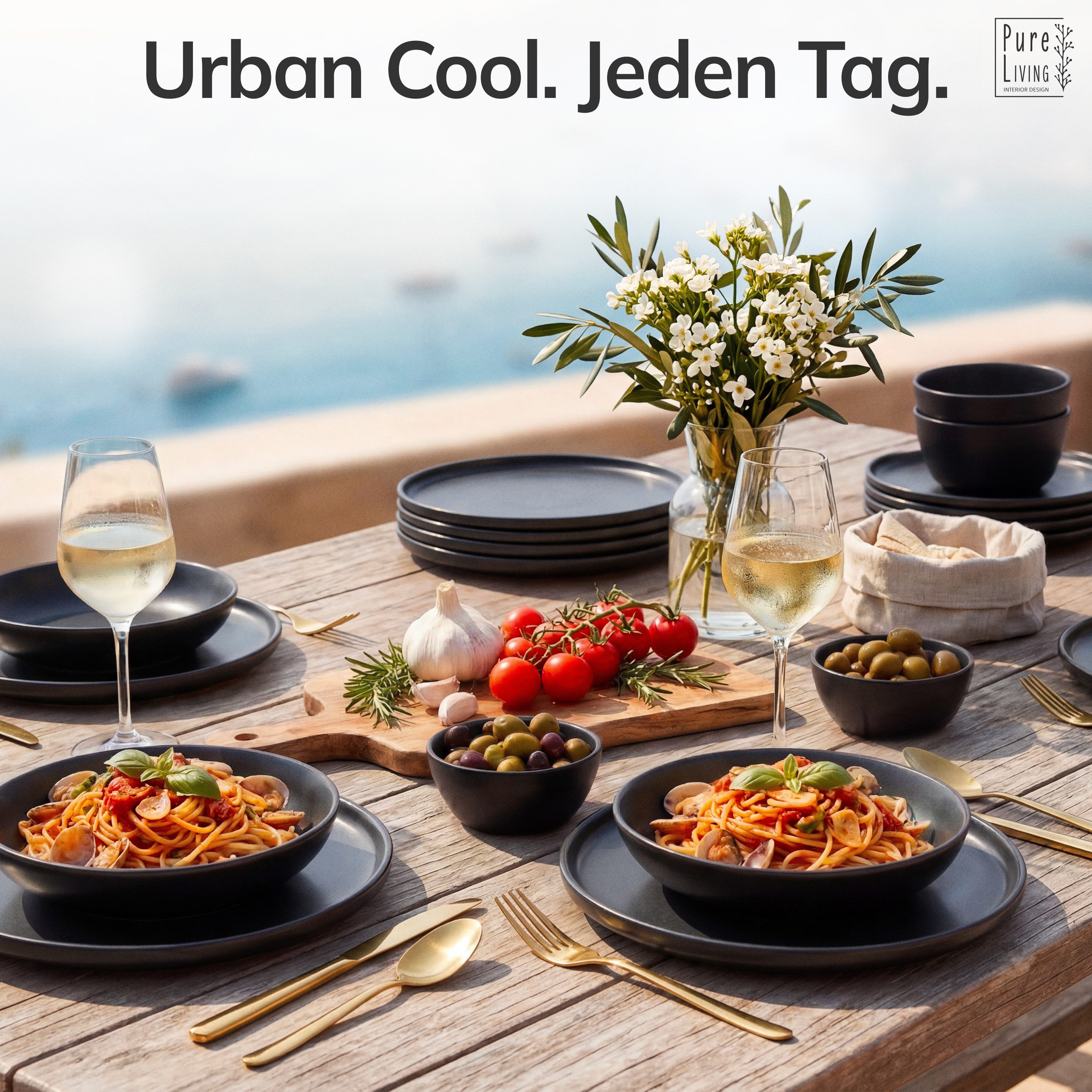 PURE LIVING INTERIOR DESIGN Geschirr-Set Pure Living »Manhattan« (36-tlg), 12 Personen, Steingut Schwarz, 12 Personen, Steingut, Urbanes Matt-Schwarz Design, Klare moderne Formen, Massives Steingut …