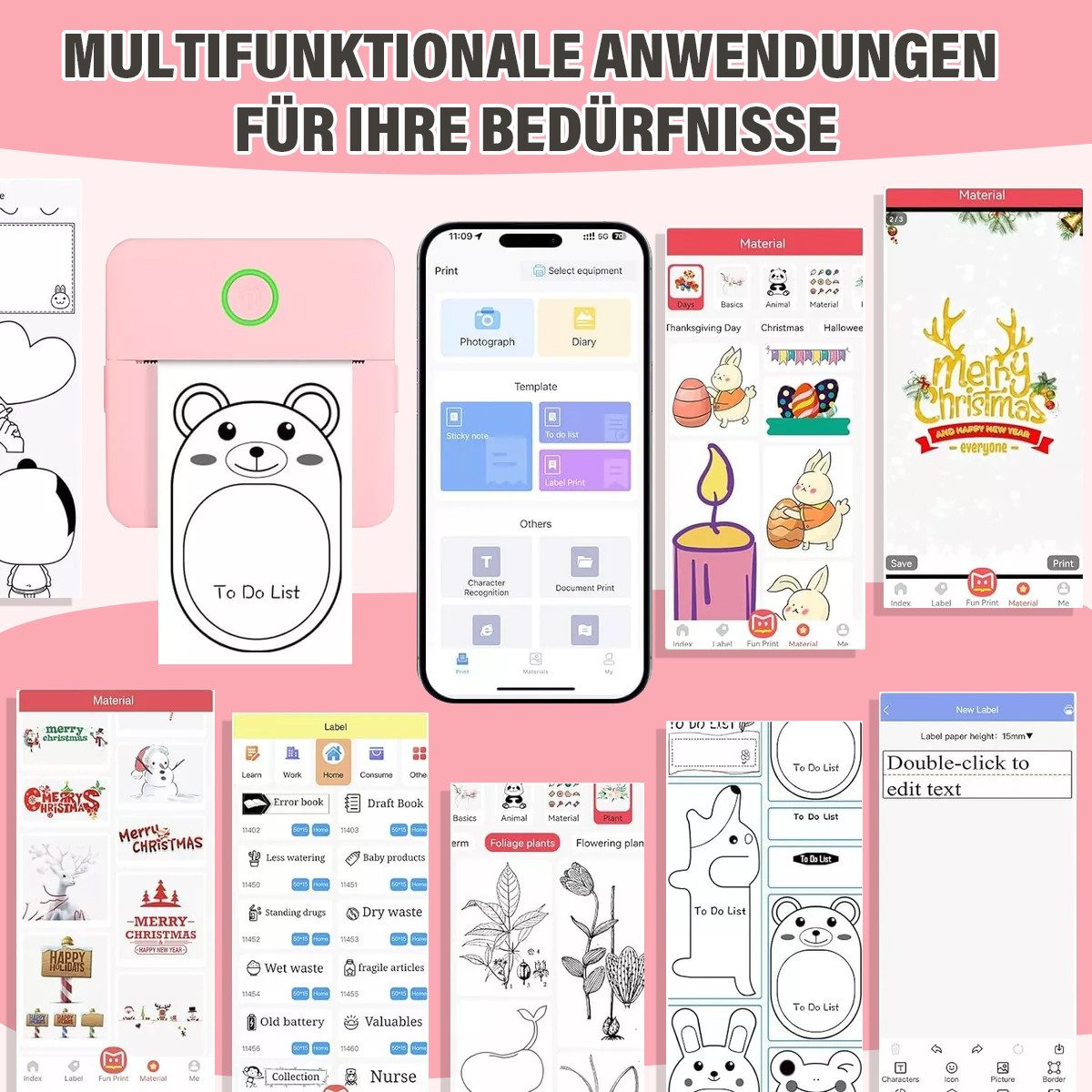 MOPUEA Mini Thermodrucker Multifunktionsdrucker Kompatibel für iOS Android Etikettendrucker, (Bluetooth, 1 x Mini-Drucker, 13 Rollen Aufkleber, 6 farbige Marker)