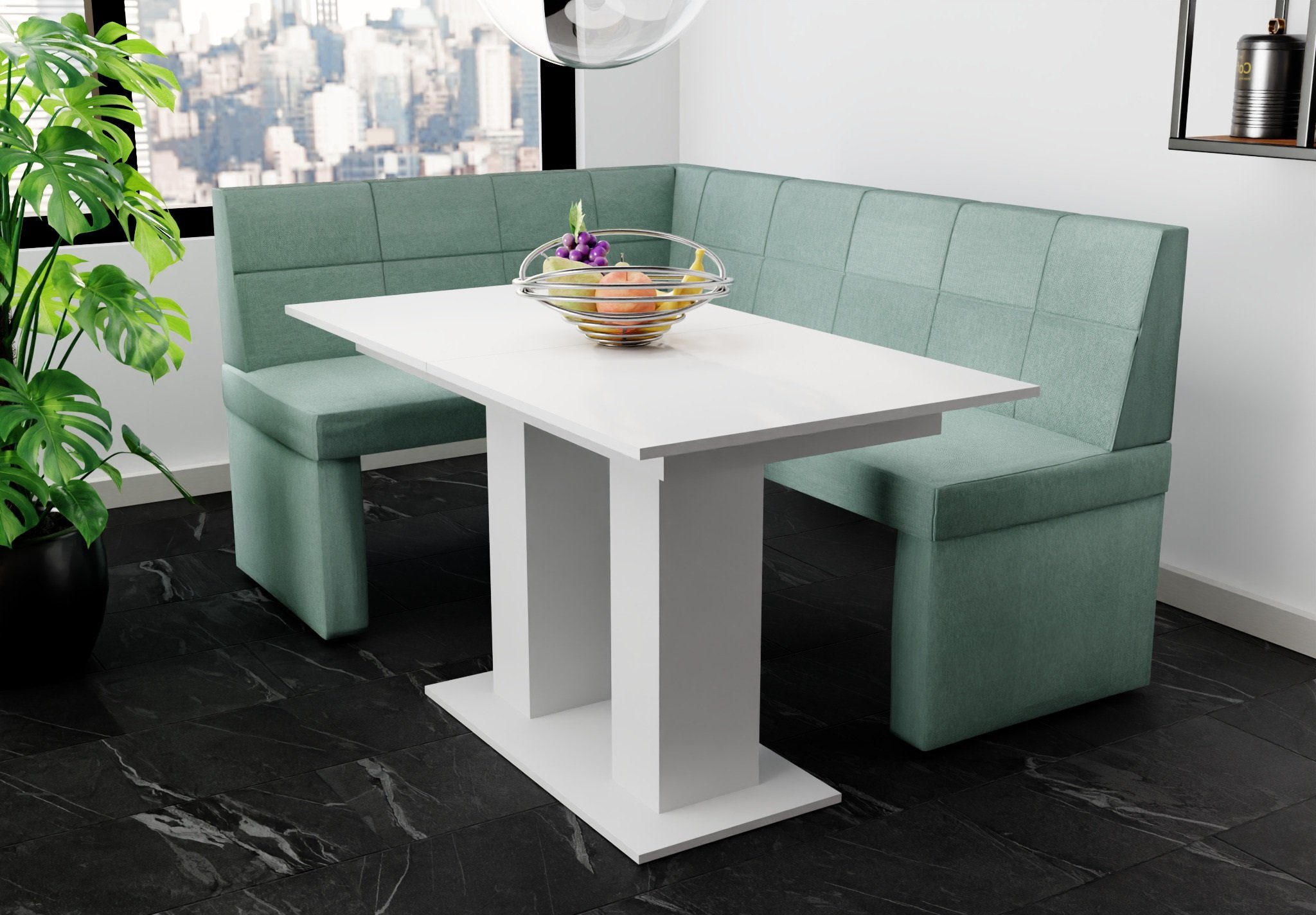 Fun Möbel Eckbankgruppe Eckbankgruppe „BLAKE XL“ Größe 196x142cm mit Tisch Weiß matt, ausziehbarer Tisch
