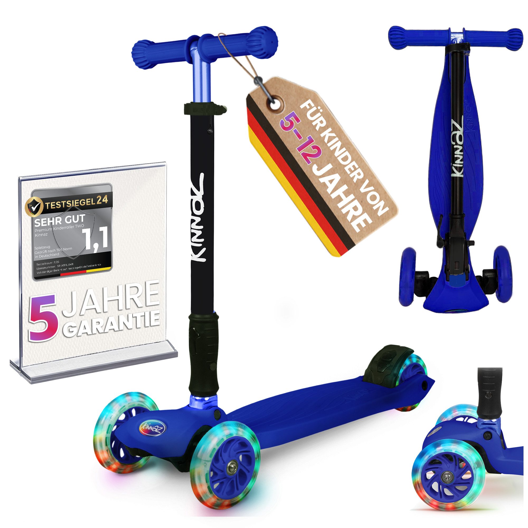 KINNAZ Tretroller Kinderroller ab 5 Jahre, faltbar, Höhe einstellen, LED Räder, Garantie, (Kinderroller, Kinnaz Two), faltbar, höhenverstellbar, LED Räder, Ersatzteilservice, aus Hamburg