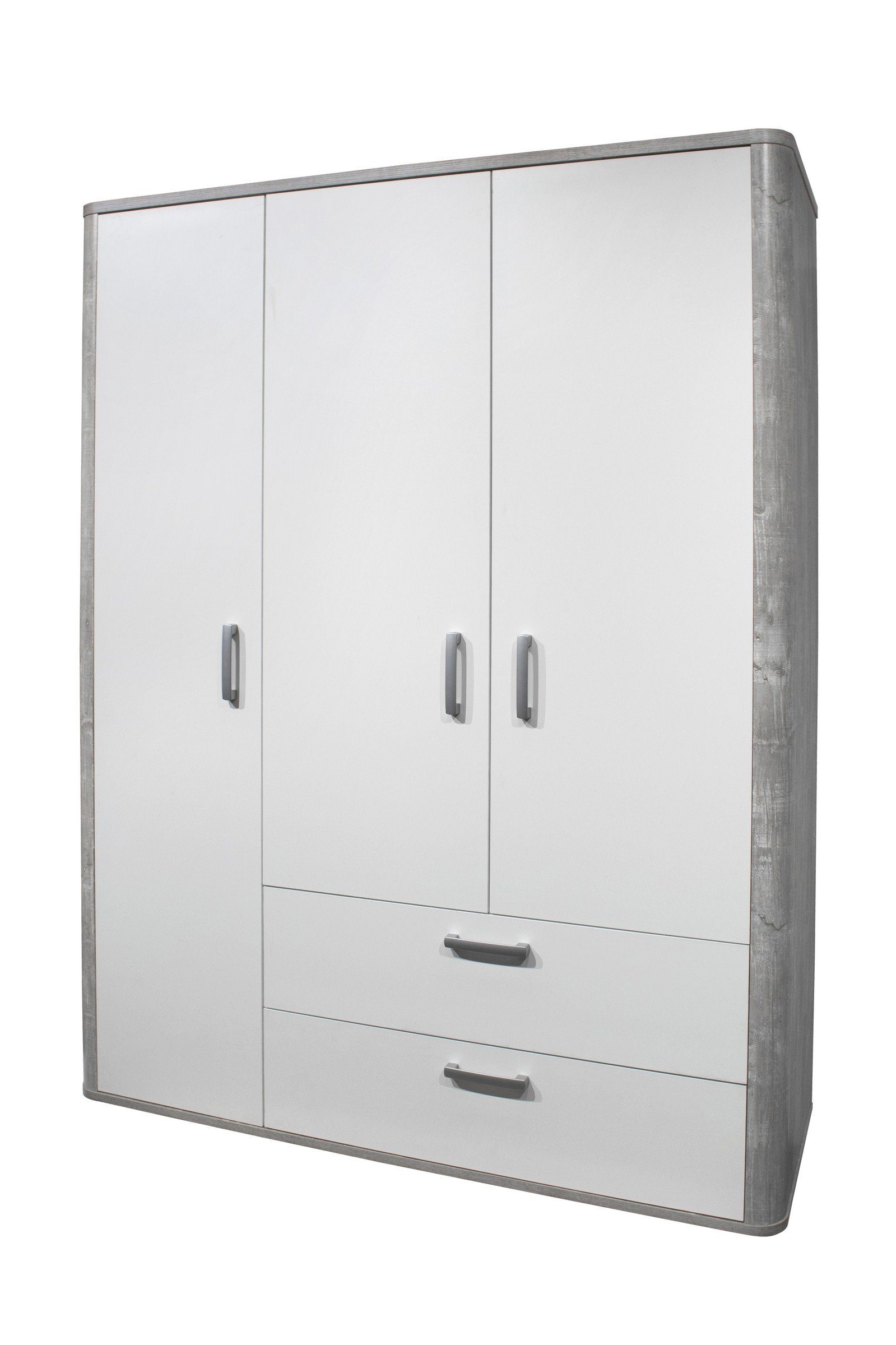 wood Türen lack 138x189x51 3 matt mit Kleiderschrank (BxHxT: und 2 möbelando cm) Frieda weiß / vintage grey in Schubladen