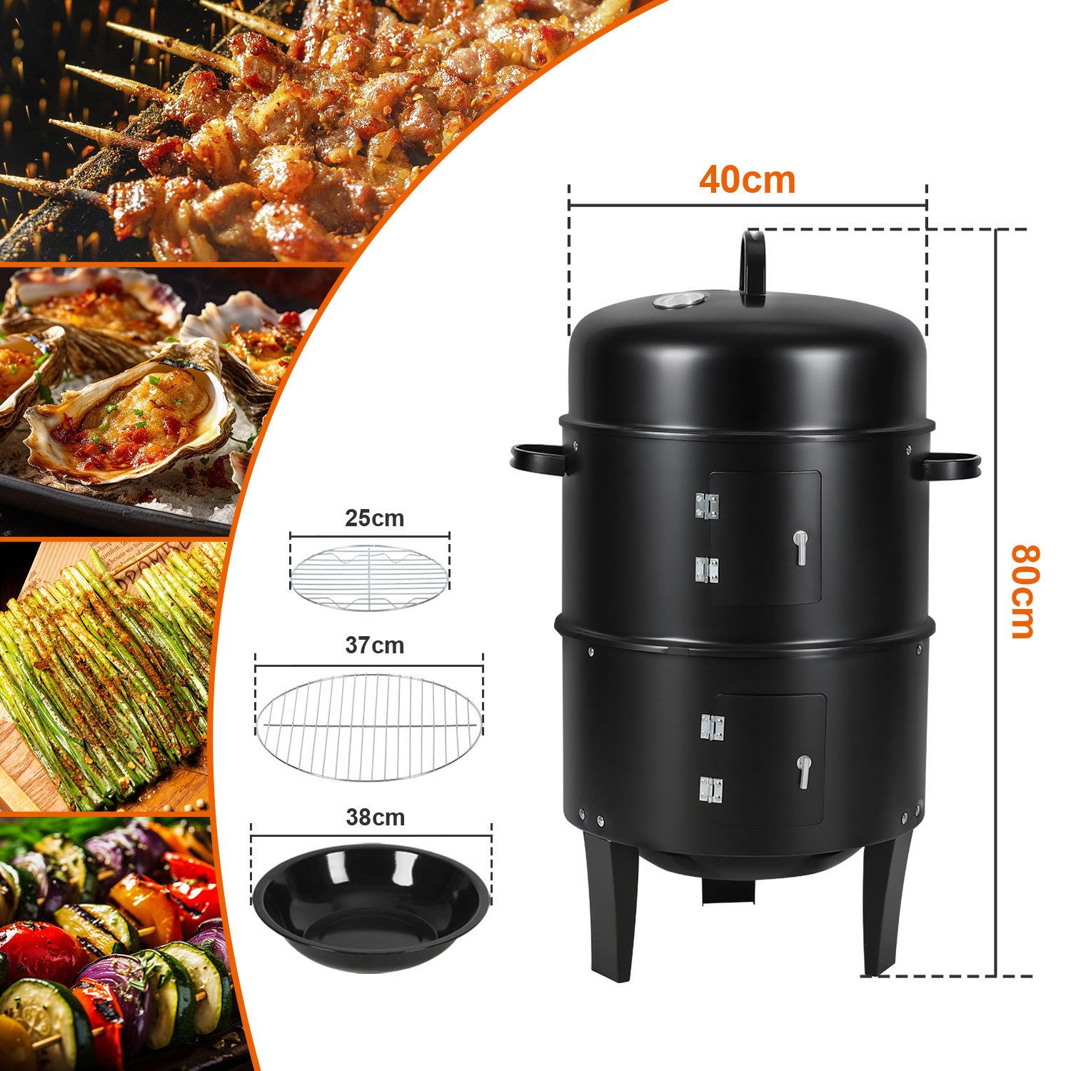 Clanmacy Feuerschale 3 in 1 Räuchertonne Ø 40 cm Räucherofen Holzkohlegrill Räuchergrill
